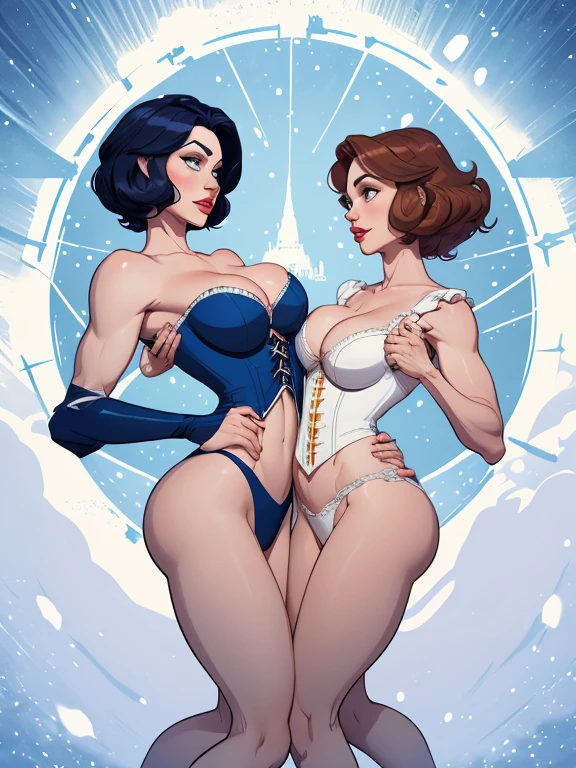 Beautiful character pose in dynamic pose two women together Snow White on the left and together with Cinderella on the right with a symmetrical body with a corset and beautiful breasts, corpo bem definido, delicado e sensual, estilo de desenho animado, digital illustration
