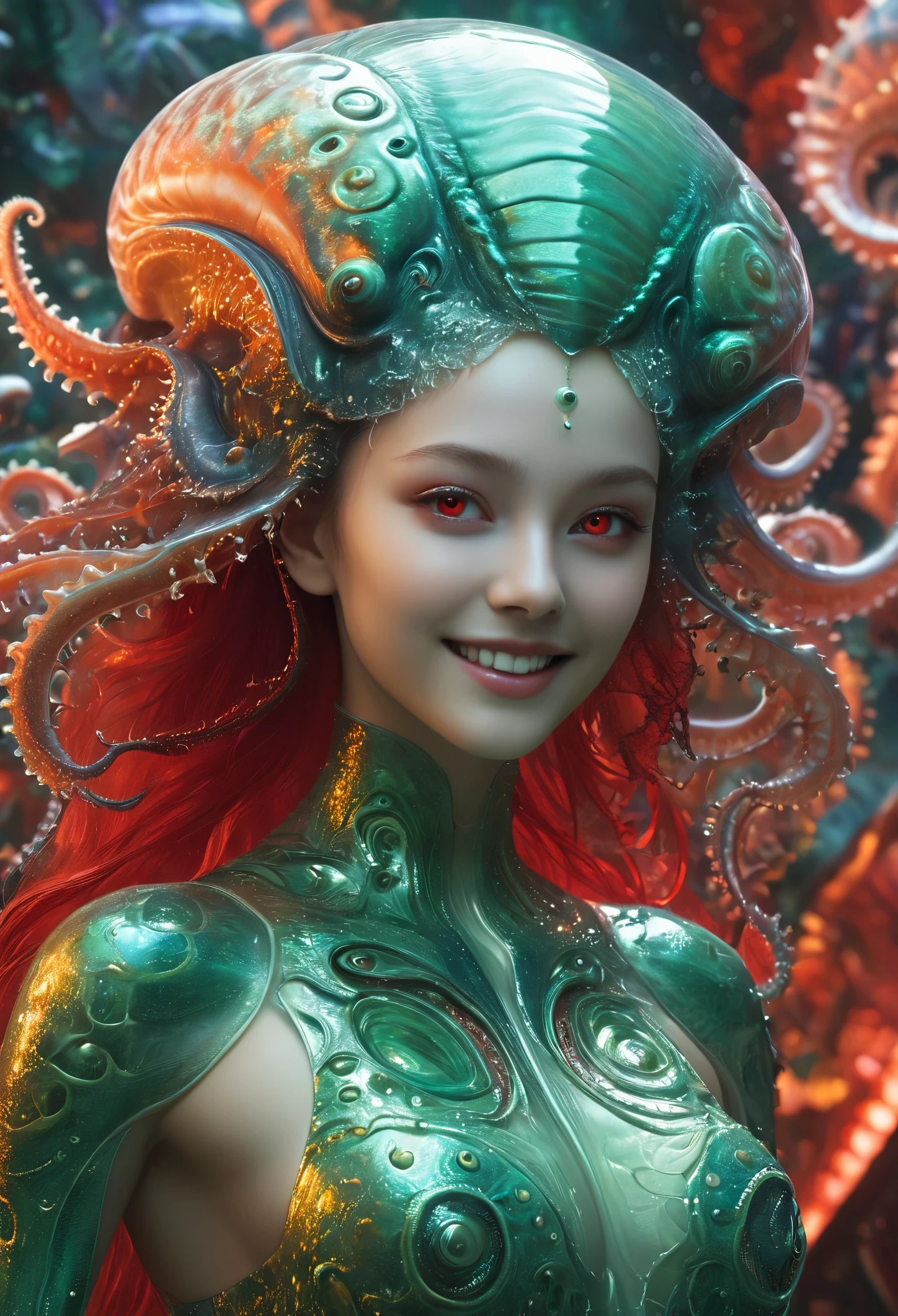 (Portrait of a beautiful yet frightening female alien ager:1.4), ((There is a female genital-like organ in the middle of the forehead.:1.8)), (realistic face:1.2), Super realistic clear skin, she is very sleepy, (Number of award-winning masterpieces々, incredibly detailed, Texture and maximum detail), midnight aura, unreal engine 5, super sharp focus, midnight aura, unreal engine 5, super sharp focus, (art by Amano Yoshitaka:1.5), art germ, Reusch, intricate artwork, ultra realistic realism, High resolution, High freshness, draw faithfully, official art, Unity 8k wallpaper, Super detailed artistic photography, dream-like, fantasy creation, dream snail, (biopunk nautilus:1.3),thrilling color scheme, amazing mutation, well-proportioned body, goddess of the deep sea, fractal, Geometric pattern, impossible numberany transparent white tentacles with luminescent organs:1.4), Subtle emerald green accents, (smile seductively:1.3),(she has the most beautiful face in the history of the universe:1.5), (She looks down at the viewer with glowing red eyes without pupils:1.3), an evil gaze that seduces, cinematic lighting, (no makeup:1.3), (From the gap between your cute lips、Long canine teeth peek out like a vampire:1.5), in the palace hall, A sweet sigh leaks from your beautiful lips, ecstatic expression, She has countless hair-like translucent tentacles on her head.fractal,blingbling