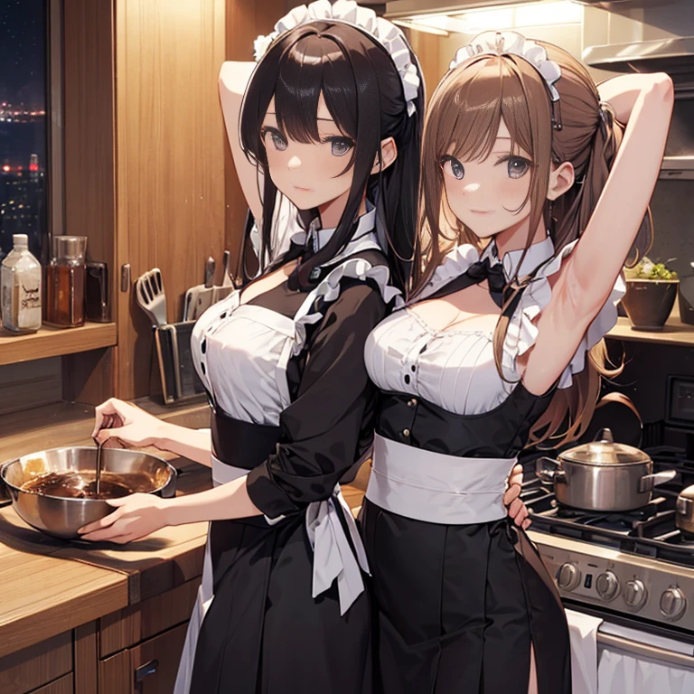 ((ｍasterpiece, best quality, 16k, ultra detailed, high resolution, )), , cute girl, twin tails hair, black hair, hair band, slender body, pointy breasts, (tanned glossy skin, ), nude, pussy, (white waist apron, ), ((show off nipples, )), light smile, hotel kitchen,