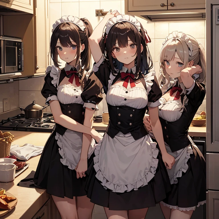 A group of maids, (in kitchen), various hair styles, harem, wearing maid clothes, night, details face, short skirt, seducing, armpits