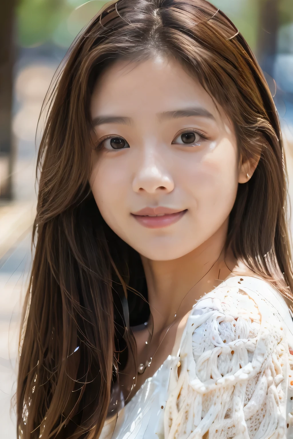 (masterpiece:1.3), (8K, realistic, Raw photo, highest quality: 1.4), front，japanese woman，beautiful face, (realistic face), (light brown hair, medium hair:1.3), beautiful hairstyle, realistic eyes, beautiful eyes, beautiful eyes, (realistic skin), beautiful skin, charm, Ultra High resolution, High resolution, close, portrait, golden ratio, detail makeup, look at the beholder, smile, (shoulder look), double eyelid，round face，，Cute Spring Clothes
