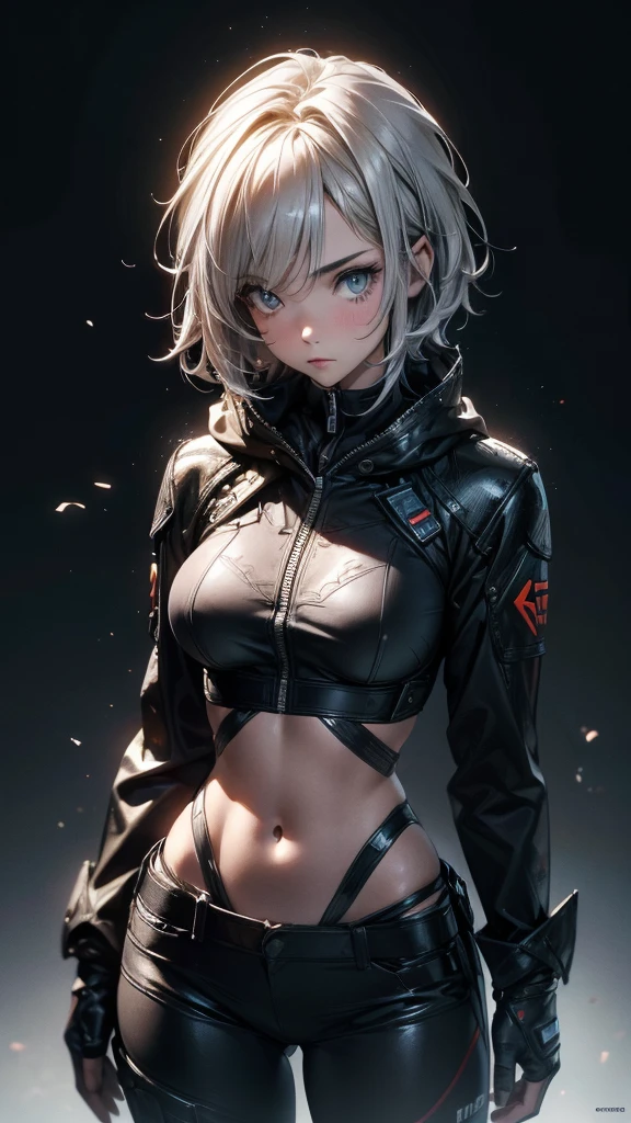 (Highly detailed CG unit 8k wallpaper, masterpiece, High resolution, highest quality, natural skin texture), ((20 year old woman, Composition from head to abdomen:1.5, upper body focus:1.5)), Hands in pockets pose:1.5, detailed eyes, gradient eyes, hooded hoodie, Asymmetrical punk short hair:1.2, Ash gray hair color, high contrast, hyper realistic, digital painting, concept art,
