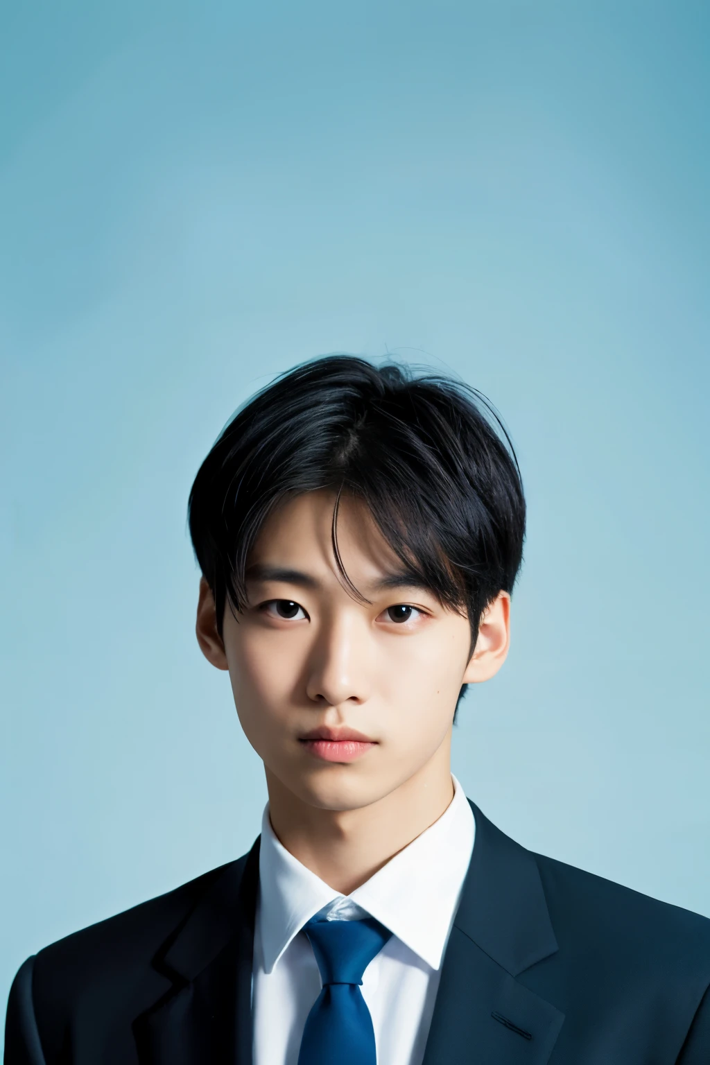 male, suit, ID photo, black jacket, white shirt, blue tie, perfect face, cyan background