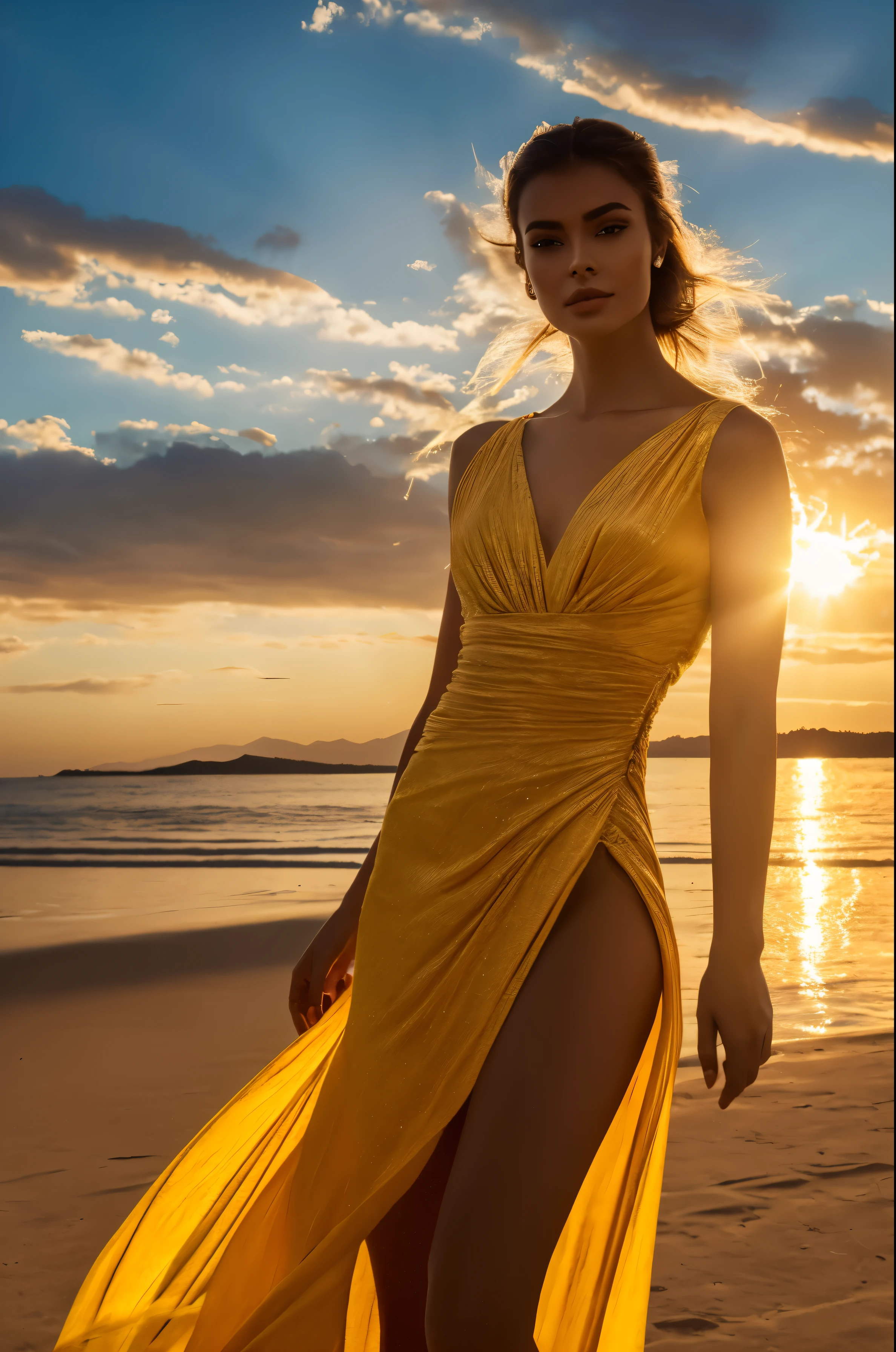 Imagine an exotic-looking model, Clearly not of this world, wearing a dress that appears to be woven from solar energy itself. The model's skin has an iridescent shade of pale blue, with subtle silvery reflections that move like aurora borealis on its surface. Seu grande, expressive eyes have vertical pupils, emitindo um brilho suave que ilumina seu rosto de maneira intrigante.

The dress is a breathtaking creation, composed of thin bands of solar energy that seem to ripple and intertwine, forming a kind of living plot. A luz do "Tecido" muda constantemente, passando por uma paleta de cores deslumbrantes, like the burning amber of the setting sun, o amarelo brilhante do meio-dia e os tons laranja e vermelho do amanhecer.

The dress has no fixed shape, but it flows around the model's body like dancing flames, sempre em movimento e emitindo um calor reconfortante. Enquanto ela se move, The beams of sunlight create mesmerizing patterns and glow in harmony with their alien movements.

The model's makeup follows the same unique aesthetic. Subtle lines of light adorn her face and her lips display a soft hue, almost translucent, que parece refletir a luminosidade do vestido.

This extraordinary vision captures the essence of an alien model wearing a woven dress from the very essence of the sun.