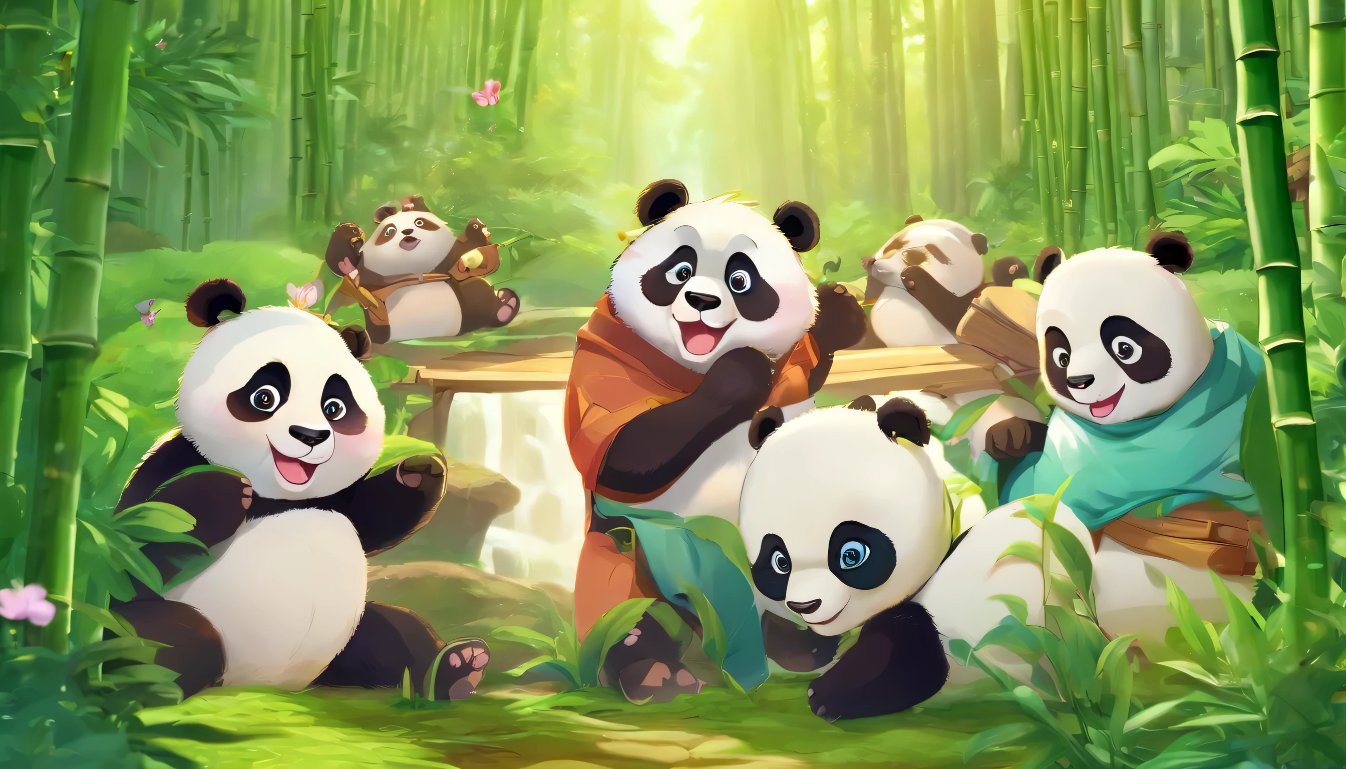 (best quality,4k,8k,highres,masterpiece:1.2),ultra-detailed,(realistic,photorealistic,photo-realistic:1.37),Cute panda style meme cover photo,bamboo green background (best quality,4k,8k,highres,masterpiece:1.2),medium:illustration,playful pandas,adorable cartoon pandas,enjoying bamboo feast,cheeky expressions,cute chubby bodies,panda meme faces,funny captions,green bamboo leaves,lush bamboo forest,soft natural lighting,vivid colors,bokeh