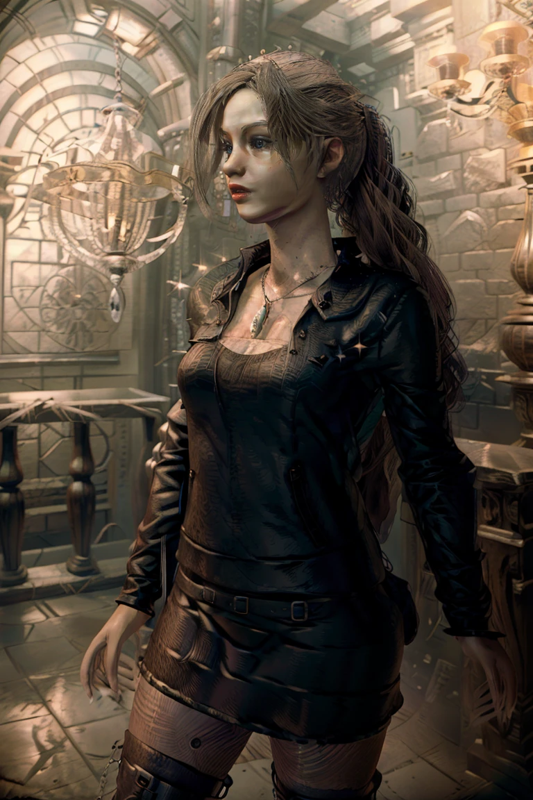 blonde hair, crystal high boots,sparkly necklace,crown,skirt,castle inside,luxury, mole under eye, facial hair, Tonalism, cinematic lighting, masterpiece