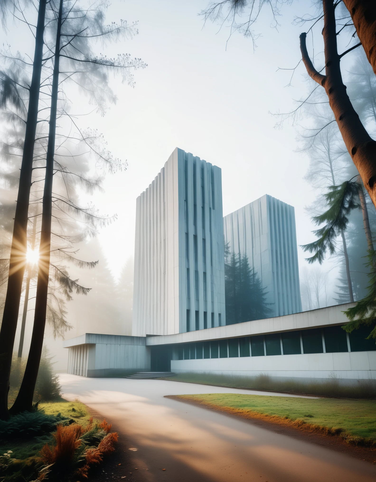 University campus located among dense coniferous forest, the facade is made in the style of Soviet brutalism made of white stone. Photo taken early in the morning, there is fog and light sunlight in the forest. There is no one in front of the university.  photo taken with an old camera
