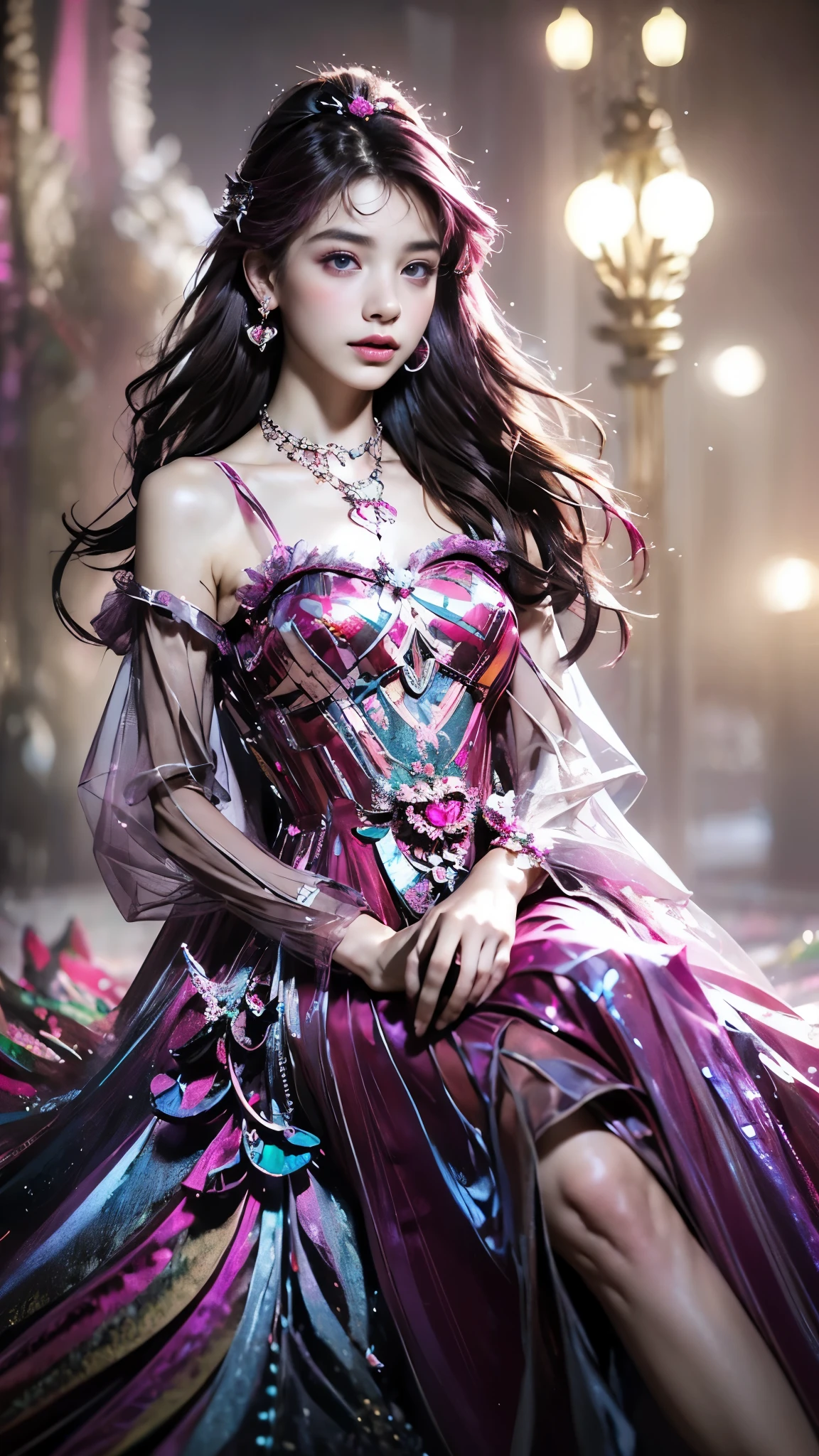 8K, ultra hd, masterpiece, 1 girl, (good face:1.4), detailed eyes, very long hair, impressive hairstyle, earings, necklace, small breasts, (magenta dress:1.5), (fantasy dress:1.5) Light-colored foundation brings out the transparency of the skin, (in the wonderland:1.5), mystery, diwali lights, glowing lights, very decoration, The lights falls like water, perfect body, sitting,