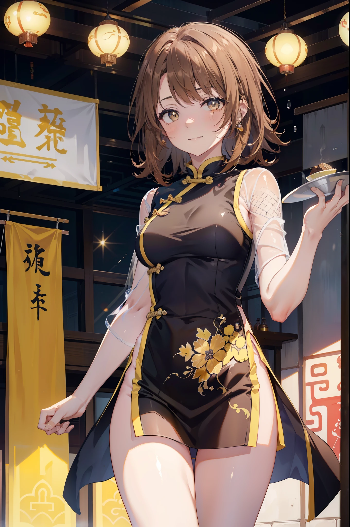 irohaisshiki, iroha isshiki, long hair,brown hair,, (brown eyes:1.5), happy smile, smile, open your mouth,No sleeve,yellow cheongsam clothes,Yellow long slit,Fishnet tights,stiletto heels,whole bodyがイラストに入るように,
break indoors, Chinese Restaurant,
break looking at viewer,whole body,(cowboy shot:1.5),
break (masterpiece:1.2), highest quality, High resolution, unity 8k wallpaper, (shape:0.8), (fine and beautiful eyes:1.6), highly detailed face, perfect lighting, Very detailed CG, (perfect hands, perfect anatomy),