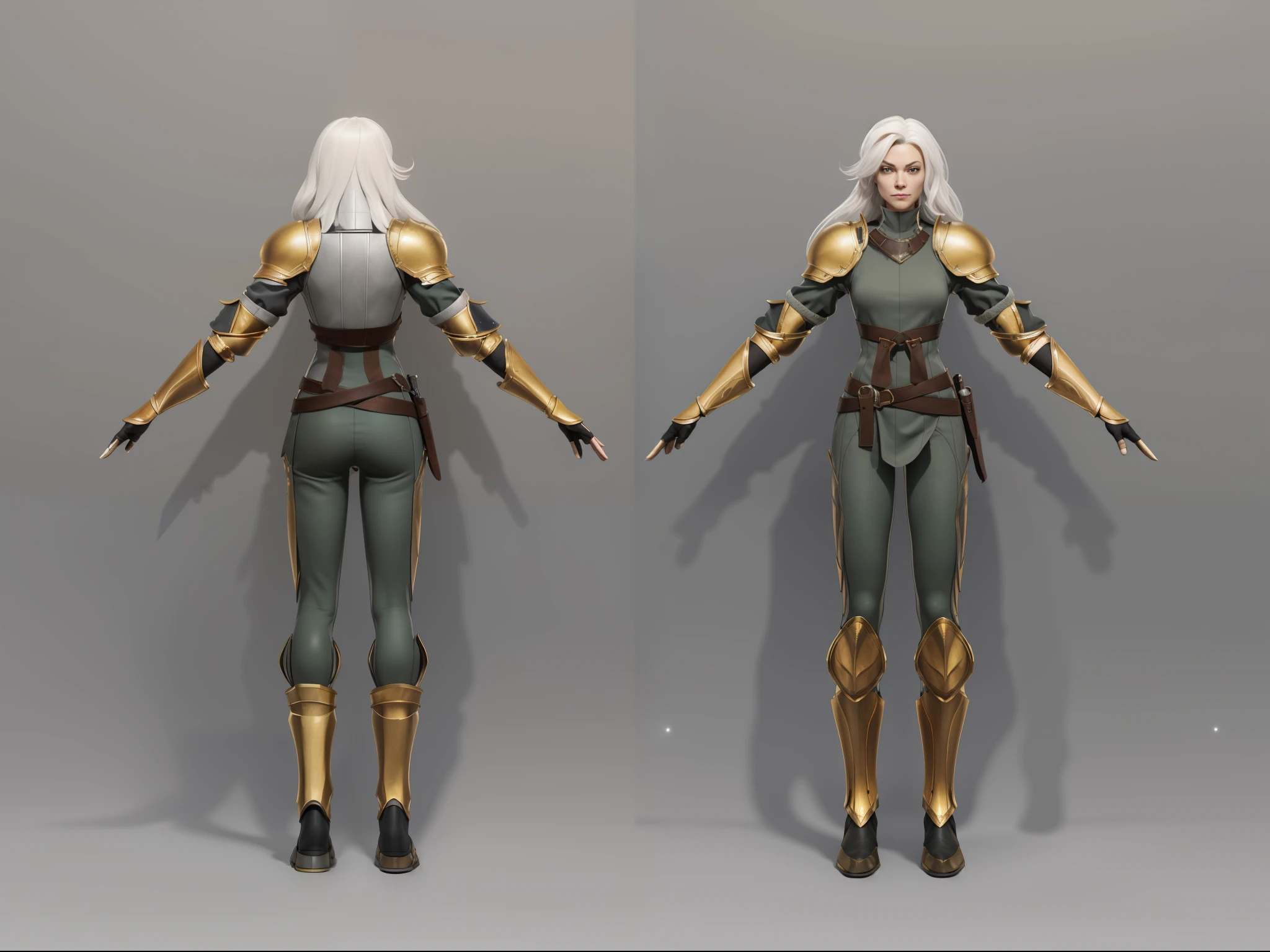 ( Realistic:1.33),(masterpiece:1.1),(highest quality:1.1),(HDR:1) a close up of a paladin with moonlit black armor , full body concept, detailed full body concept, medieval adventure style character, full body character concept,costume concept design, full body details, detailed full body concept art, full character body, character model sheet turnaround, fullbody shot turnaround, concept character sheet, full body concept art, reference model sheet , full body concept art, RPG style character, game character design, 3d character reference sheet, male, video game character concept, detailed character design, character sheet, character model sheet turnaround , front and back, front and back, green sweater cloth inside, medieval sleeve, (gold greave armor), moonlit gold pauldron shoulder armor, grey clean background, 3D character, ((detailed knee polyene armor)), leather belt with leather knife bag,