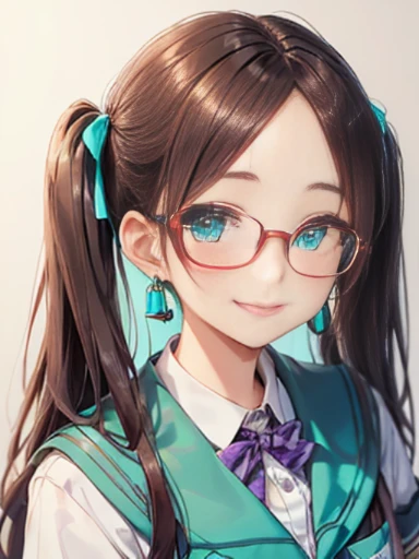 小さなgirl、Glasses、The arrival of spring、 (alone:1.5,)Super detailed,bright colors, very beautiful detailed anime face and eyes, look straight,shiny_skin,girl, ((gradation hair、Red and purple、long hair))、forehead is exposed.、long hair、shiny hair, delicate beautiful face, blush、(turquoise eyes), White skin, Valletta, earrings,、combine、(((school uniform)))、twin tails、smile、smile、Face dyed red、upper body up、Face shot