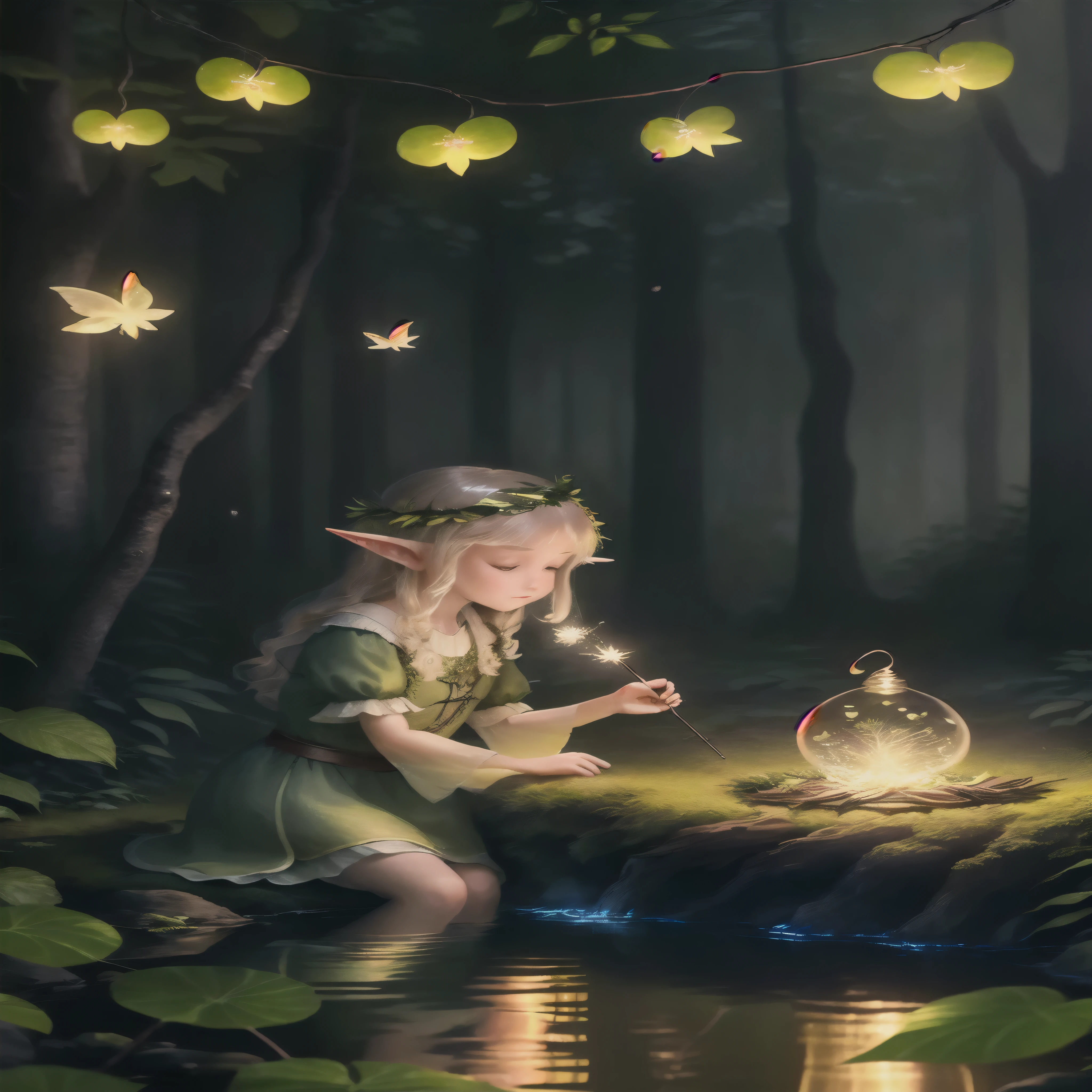 Meisterwerk, Best quality, (Sehr detailliertes CG-Unified-8K-Hintergrundbild), (Best quality), (beste Illustration), (bester Schatten), leuchtender Elf, There is a glowing deer and a little forest elf girl, leuchtender Hirsch trinkt im Pool, hold a magic wand and cast spells, natural elements in forest theme. geheimnisvoller Wald, Beautiful forest, Natur, umgeben von Blumen, delicate leaves and branches surrounded by Firefly (natural elements), (Dschungelthema), (leaves), (branches), (Firefly), (Partikeleffekte) und andere 3D, Oktanzahl-Rendering, Raytracing, super detailliert