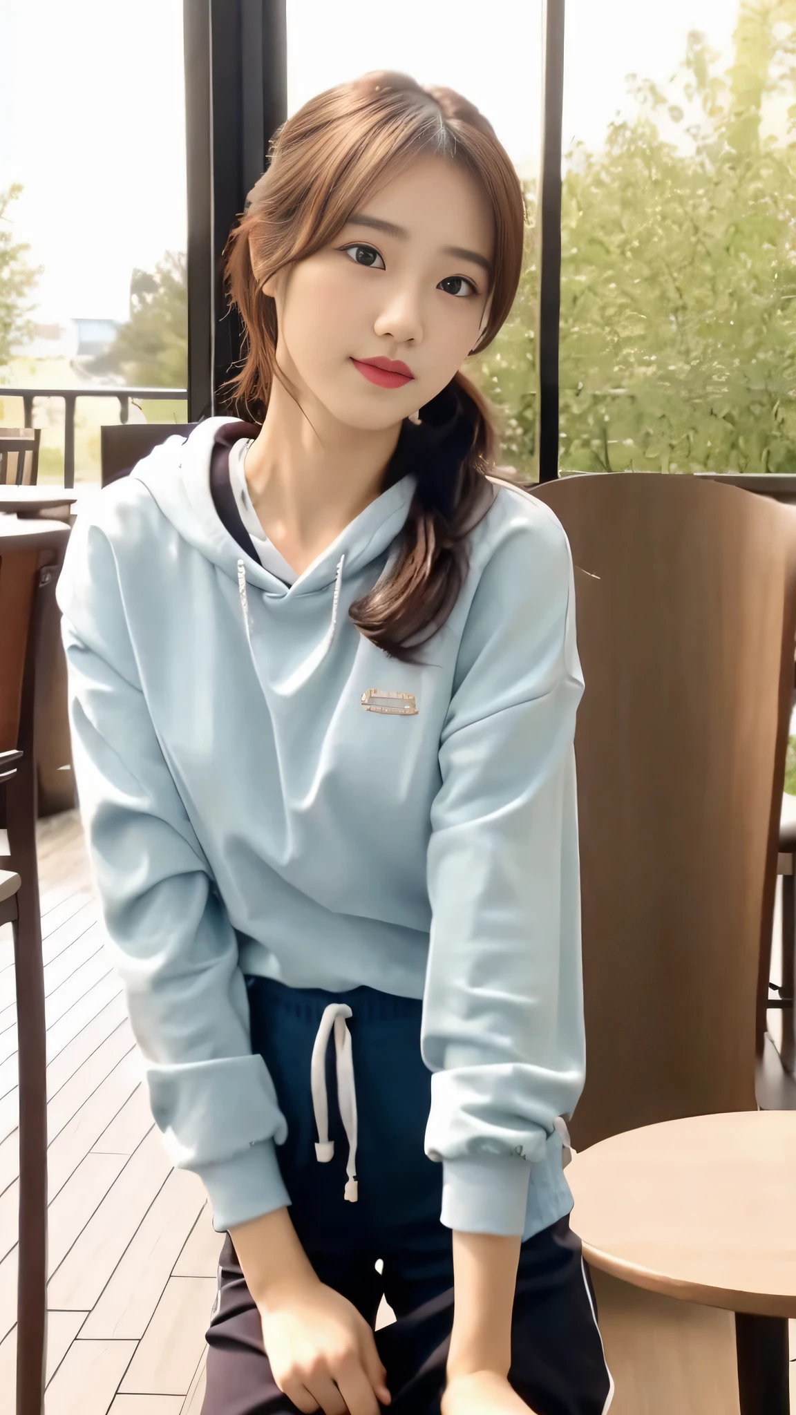 (8K, original photo, best quality, masterpiece), (actual, photo-actual:1.2), Super detailed, 1 girl, Lovely, alone, beautiful detailed sky, Detail of cafe, night, sitting, Dating, dose blush, Keep your mouth shut, beautiful and delicate eyes, wearing a hoodie, dolphin shorts, medium build, flowing hair, long blue hair, girl, feminine, pink eyes, Ultra-fine details, Complex scenes, ambient light, soft light, elegant, symmetrical facial features, precise ???????, anatomically correct girl, landscape, gossamer, ethereal, whole body, ponytail, Moderate, Moderate, Sensible, big breasts,