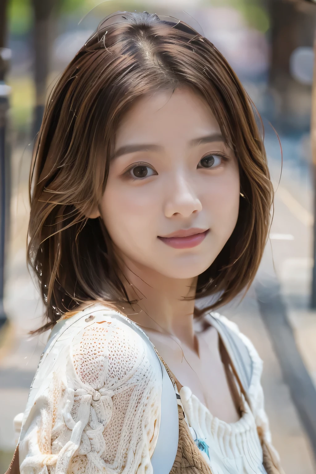 (masterpiece:1.3), (8K, realistic, Raw photo, highest quality: 1.4), front,japanese woman,beautiful face, (realistic face), (light brown hair, short hair:1.3), Cute hairstyles, realistic eyes, beautiful eyes, beautiful eyes, (realistic skin), beautiful skin, charm, Ultra High resolution, High resolution, close, portrait, golden ratio, detail makeup, look at the beholder, smile, (shoulder look), double eyelid,round face,baby face,Cute Spring Clothes
