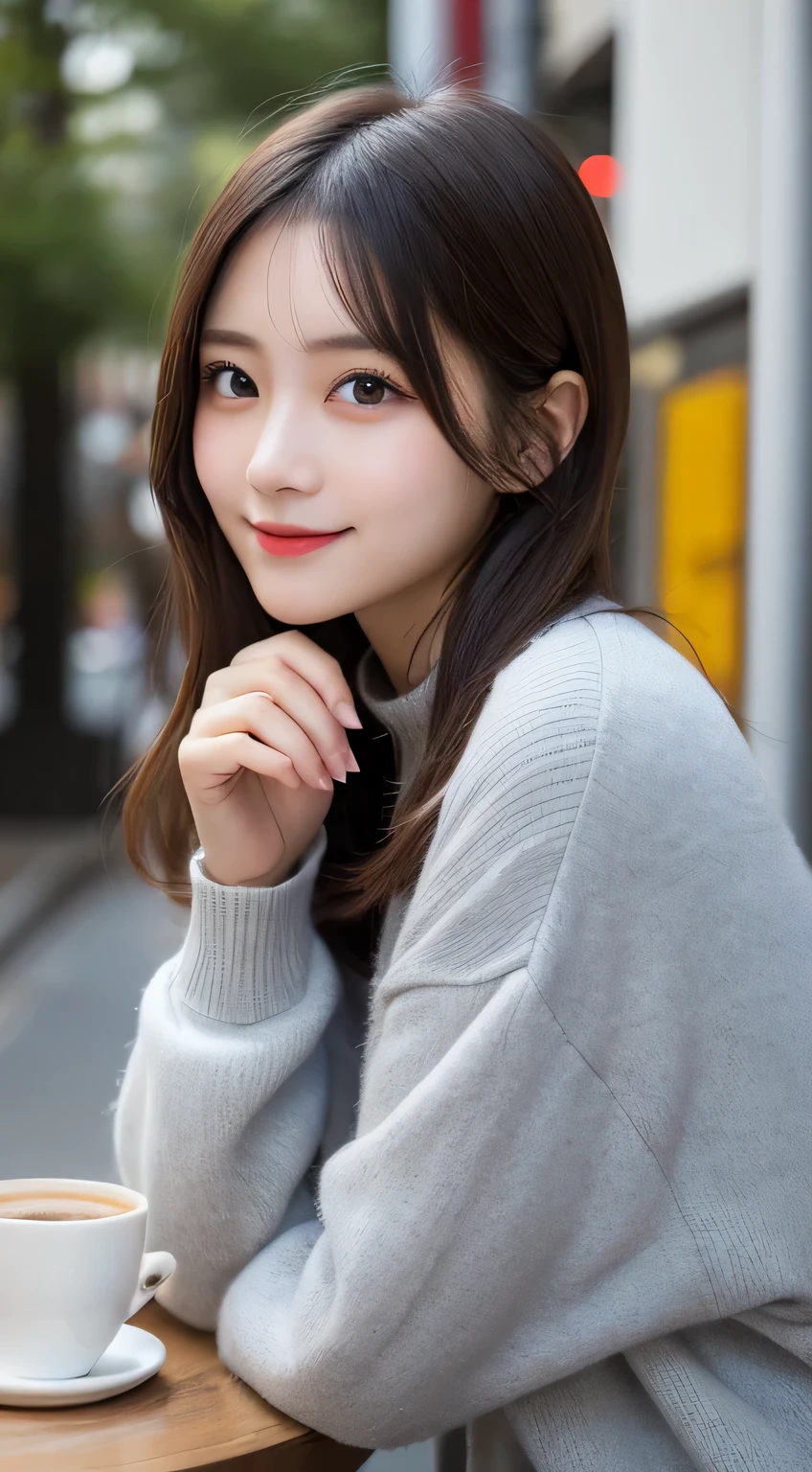table top, highest quality, figure, Super detailed, finely, High resolution, 8k wallpaper, Perfect dynamic composition figure, detailed and beautiful eyes, Tokyo's latest gray fluffy winter clothes,medium hair,,natural color lip, bold sexy pose,smile,Cafe、20 year old girl、cute、sexy shot looking at camera,Always blur the background,perfect and beautiful face,Take only the face,Beautiful and dense face、slim face and style、anyway, cute face
