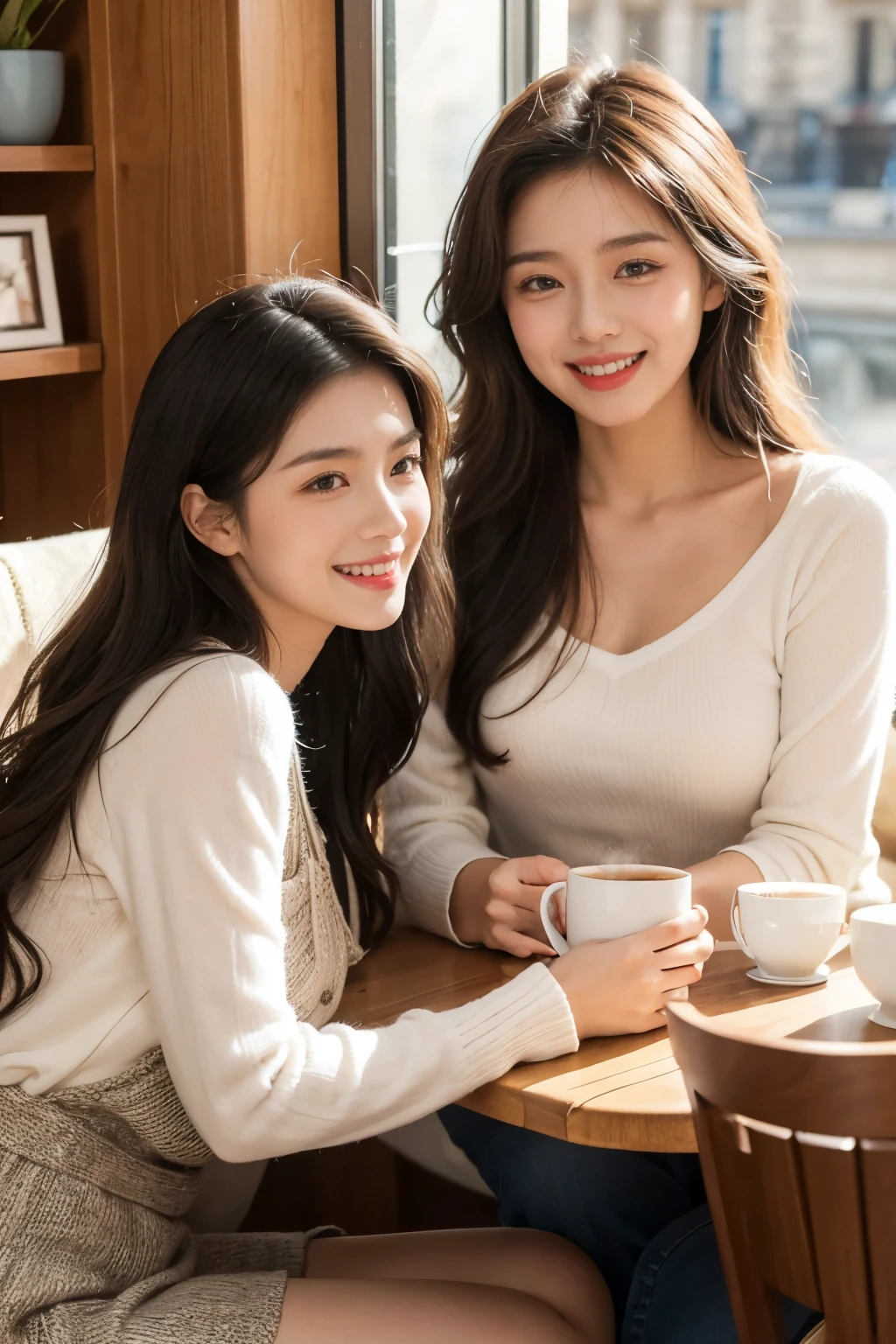 Two young cute women, with wavy long hair cascading down their backs, sat happily at a cozy coffee shop in the heart of Paris. They were engrossed in their conversation, sipping on steaming cups of coffee and enjoying the charming ambiance around them. The soft light filtering through the window accentuated their radiant smiles, as they chatted and laughed, their infectious joy spreading throughout the café.