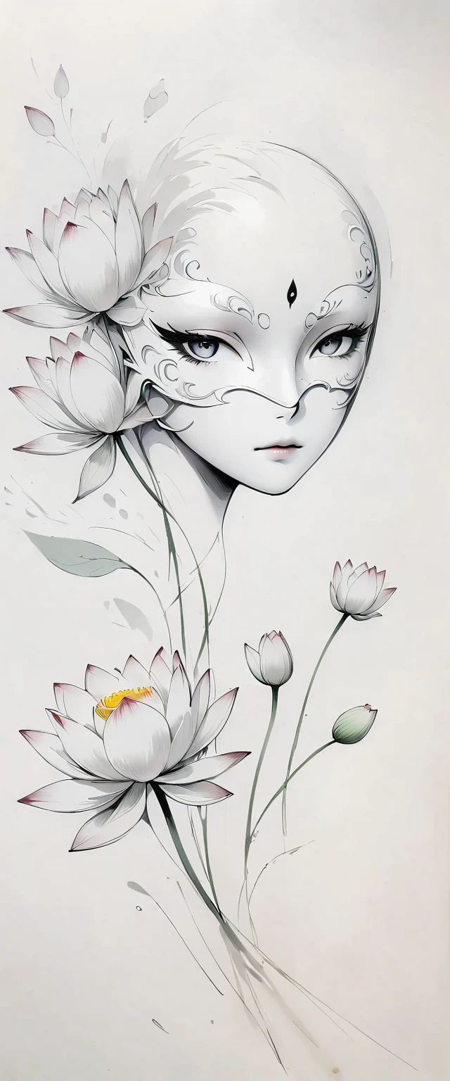 (Anime line drawing:1.5),(black and white painting:1.45),Minimalism,(line art:1.6),sketch,Charcoal drawing,mask,lotus