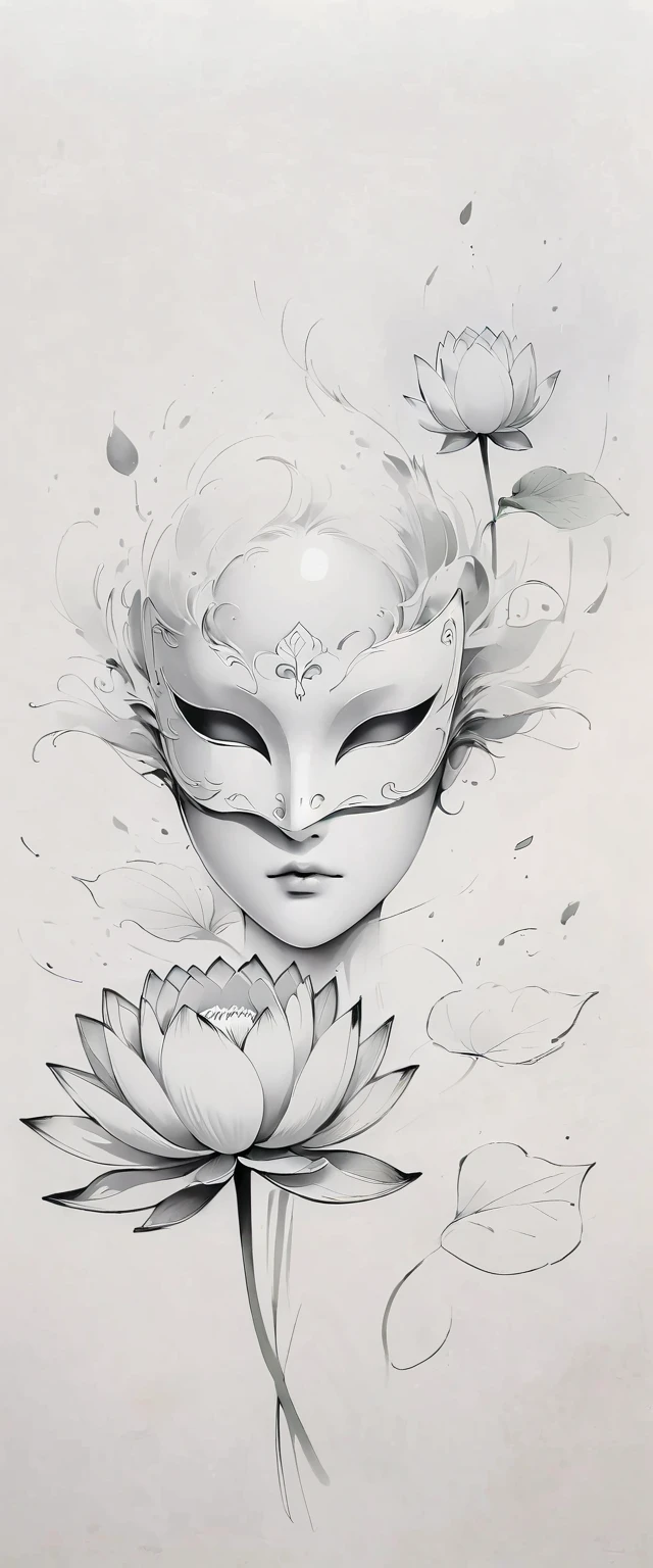 (Anime line drawing:1.5),(black and white painting:1.45),Minimalism,(line art:1.6),sketch,Charcoal drawing,mask,lotus
