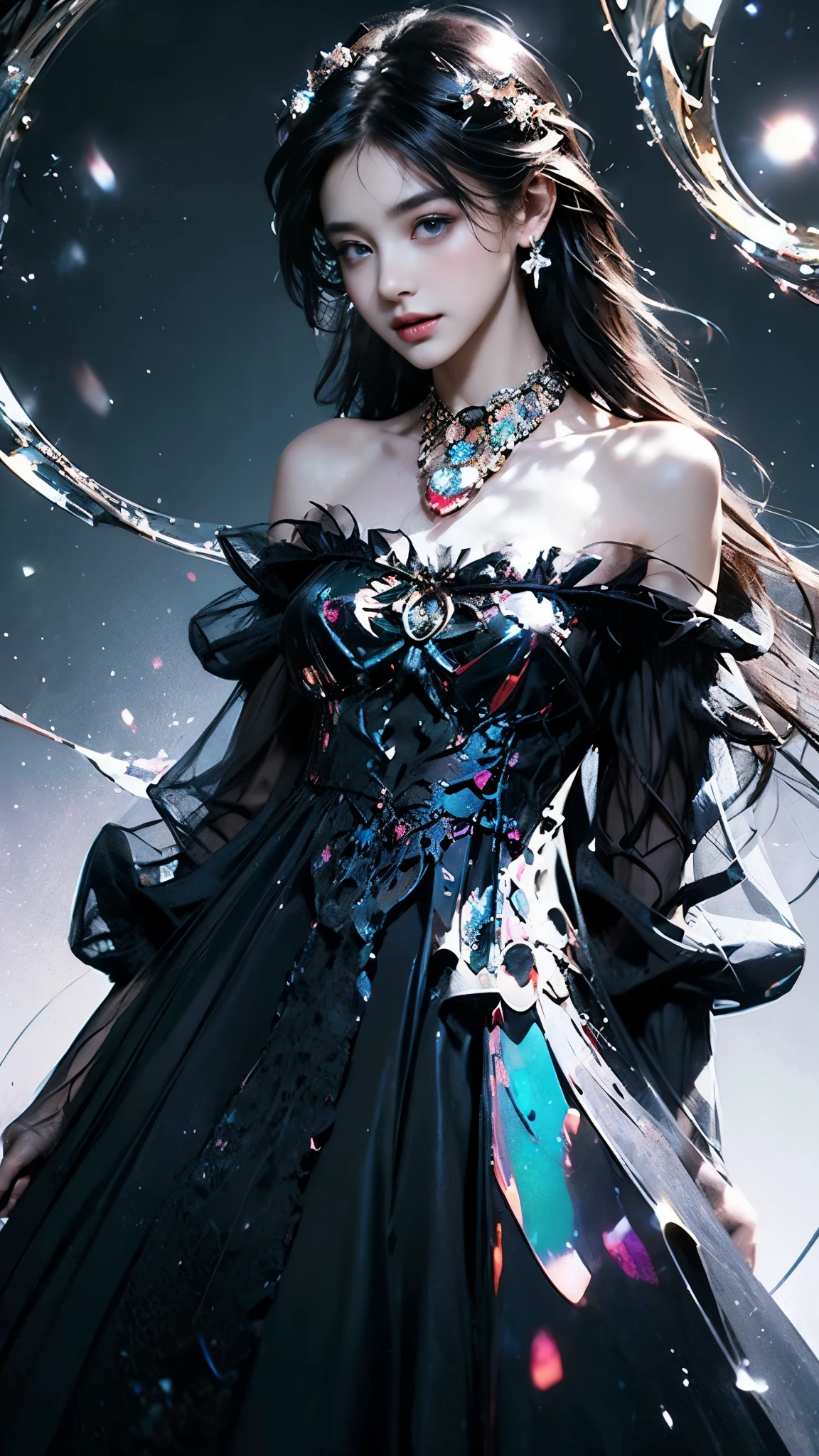 8K, ultra hd, masterpiece, 1 girl, (innocent face:1.4), detailed eyes, very long hair, impressive hairstyle, earings, necklace, small breasts, (black dress:1.5), (fantasy dress:1.5) Light-colored foundation brings out the transparency of the skin, (in the wonderland:1.5), mystery, diwali lights, glowing lights, very decoration, The lights falls like water, perfect body,