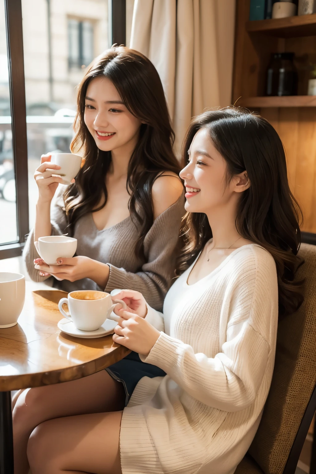 Two young cute women, with wavy long hair cascading down their backs, sat happily at a cozy coffee shop in the heart of Paris. They were engrossed in their conversation, sipping on steaming cups of coffee and enjoying the charming ambiance around them. The soft light filtering through the window accentuated their radiant smiles, as they chatted and laughed, their infectious joy spreading throughout the café.