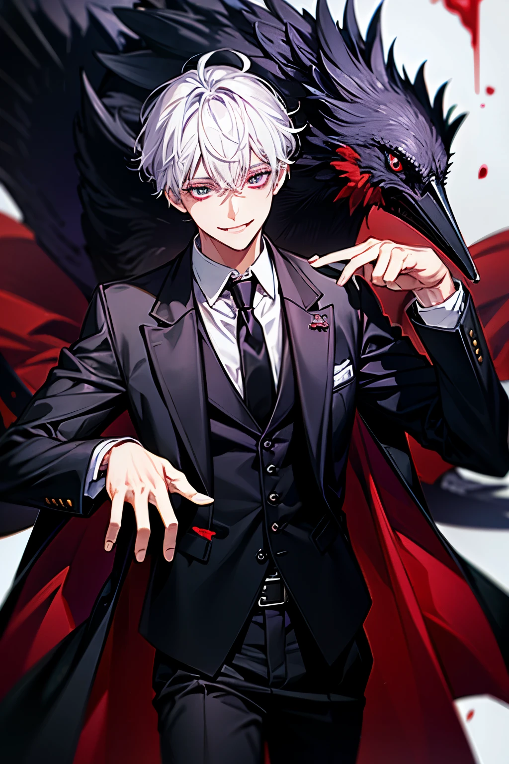 (masterpiece, best quality), solo, male focus, 1male, white collared shirt, (blood_on_clothes), white hair, purple eyes, smile facial, black necktie, black pants, black coat, skulls, crows