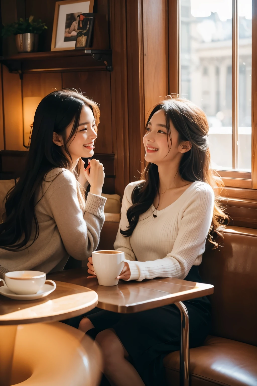 Two young cute women, with wavy long hair cascading down their backs, sat happily at a cozy coffee shop in the heart of Paris. They were engrossed in their conversation, sipping on steaming cups of coffee and enjoying the charming ambiance around them. The soft light filtering through the window accentuated their radiant smiles, as they chatted and laughed, their infectious joy spreading throughout the café.