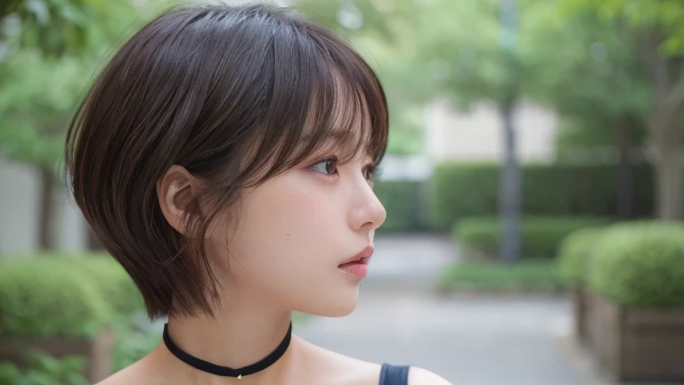 (short hair, profile:1.2),(wearing a choker, wearing a blouse:1.2),1 girl,Japanese,21 years old,(small breasts:1.3),(highest quality,masterpiece:1.3,超A high resolution,),(Super detailed,caustics),(Photoreal:1.4,RAW shooting,)ultra-realistic capture,very detailed,High resolution 16K human skin close-up。 natural skin texture、,The pores are、、、、、、、Must be detailed enough to be easily identified。 Skin should look even-toned and healthy。 Use natural light and color, sad expression, look at the camera, perfect dynamic composition, outdoor