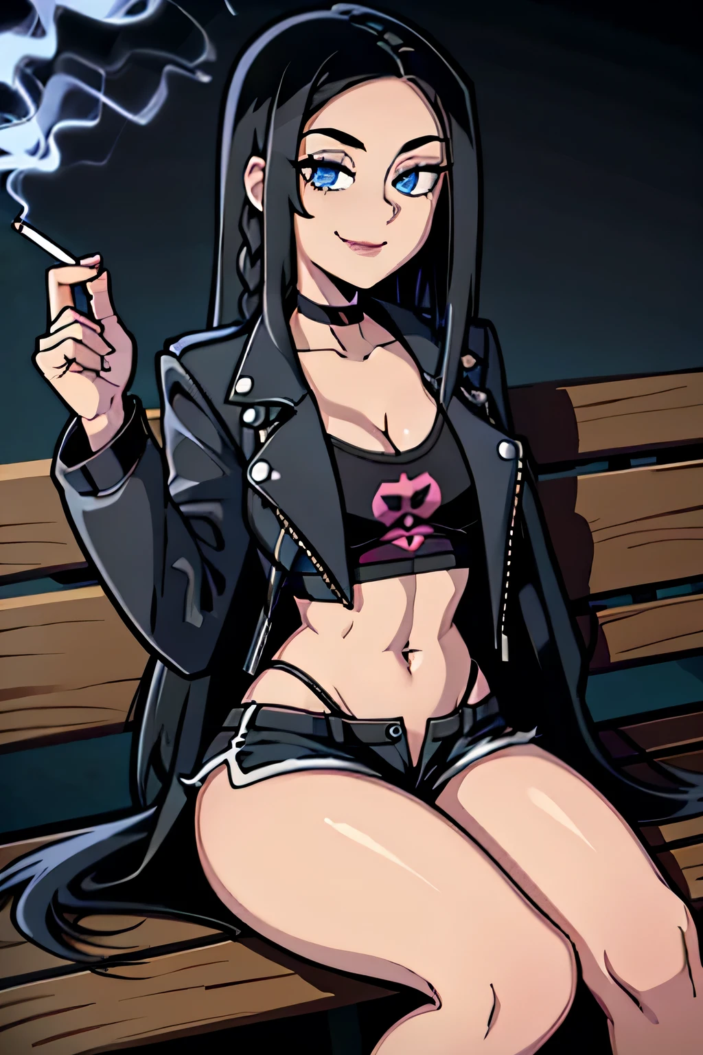 (Cartoon style), (bestquality), depth of field, (dynamic angle), (blue eyes), 1girl, goth girl:1.2, teen, 18 years old, long black hair, hair in one long braid down to her butt, narrow waist, smile:1.3, navel, medium bust, sitting on a bench, Smoking a cigarette:1.4, cigarette in Hand, Choker, tomboy, top and shorts, Jacket, mischievous smile:1.3, navel,