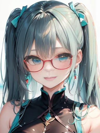 小さなgirl、Glasses、The arrival of spring、 (alone:1.5,)Super detailed,bright colors, very beautiful detailed anime face and eyes, look straight,shiny_skin,girl, ((gradation hair、Red and purple、long hair))、forehead is exposed.、long hair、shiny hair, delicate beautiful face, blush、(turquoise eyes), White skin, Valletta, earrings,、combine、summer clothes、twin tails、smile、smile、Face dyed red、upper body up、Face shot