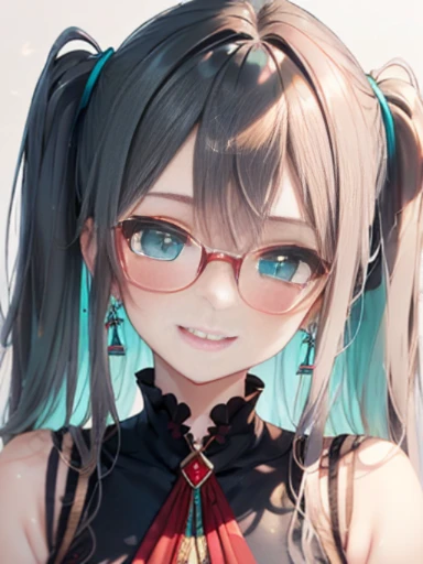 小さなgirl、Glasses、The arrival of spring、 (alone:1.5,)Super detailed,bright colors, very beautiful detailed anime face and eyes, look straight,shiny_skin,girl, ((gradation hair、Red and purple、long hair))、forehead is exposed.、long hair、shiny hair, delicate beautiful face, blush、(turquoise eyes), White skin, Valletta, earrings,、combine、summer clothes、twin tails、smile、smile、Face dyed red、upper body up、Face shot