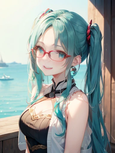 小さなgirl、Glasses、The arrival of spring、 (alone:1.5,)Super detailed,bright colors, very beautiful detailed anime face and eyes, look straight,shiny_skin,girl, ((gradation hair、Red and purple、long hair))、forehead is exposed.、long hair、shiny hair, delicate beautiful face, blush、(turquoise eyes), White skin, Valletta, earrings,、combine、summer clothes、twin tails、smile、smile、Face dyed red、upper body up、Face shot