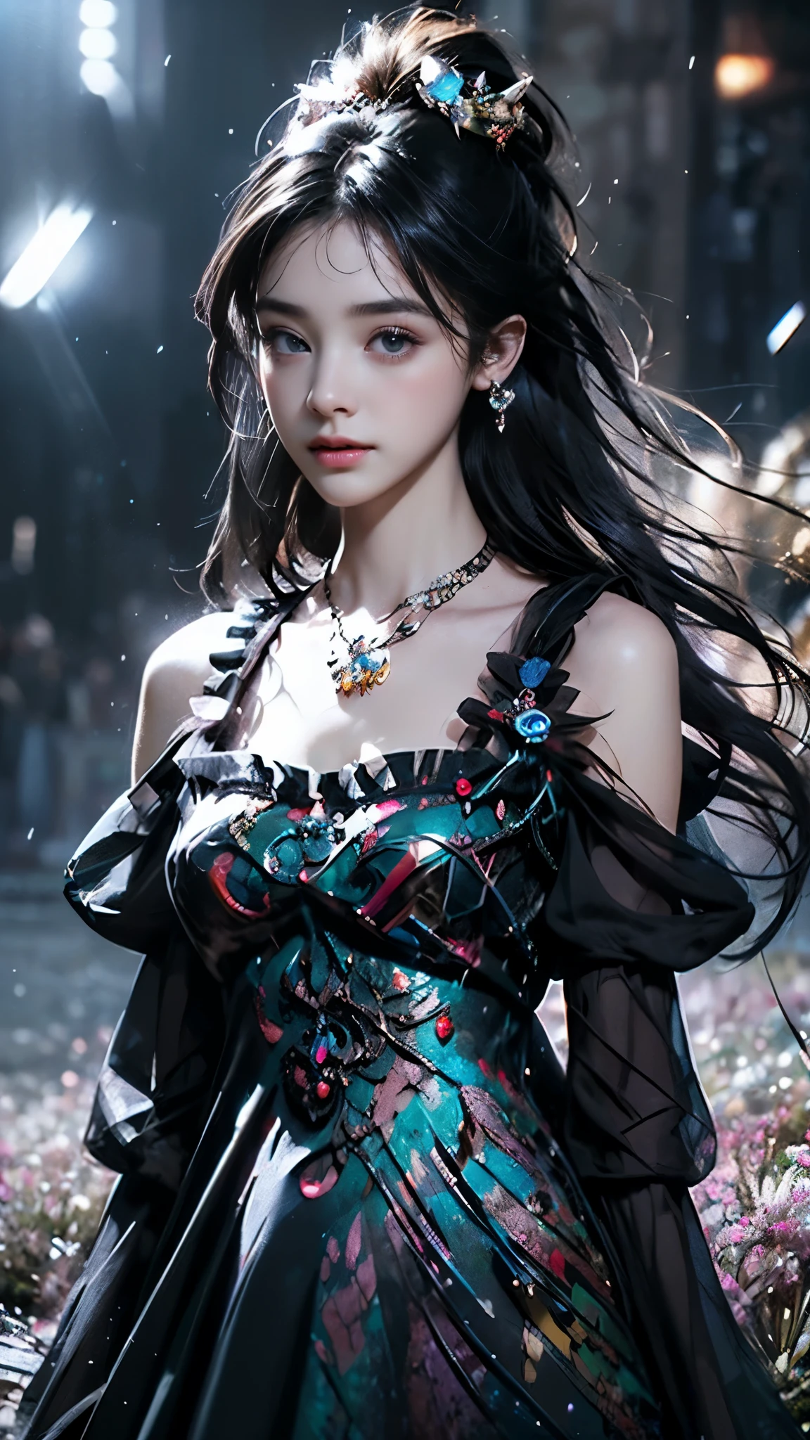 8K, ultra hd, masterpiece, 1 girl, (innocent face:1.4), detailed eyes, very long hair, impressive hairstyle, earings, necklace, small breasts, (black dress:1.5), (fantasy dress:1.5) Light-colored foundation brings out the transparency of the skin, (in the wonderland:1.5), mystery, diwali lights, glowing lights, very decoration, The lights falls like water, perfect body,