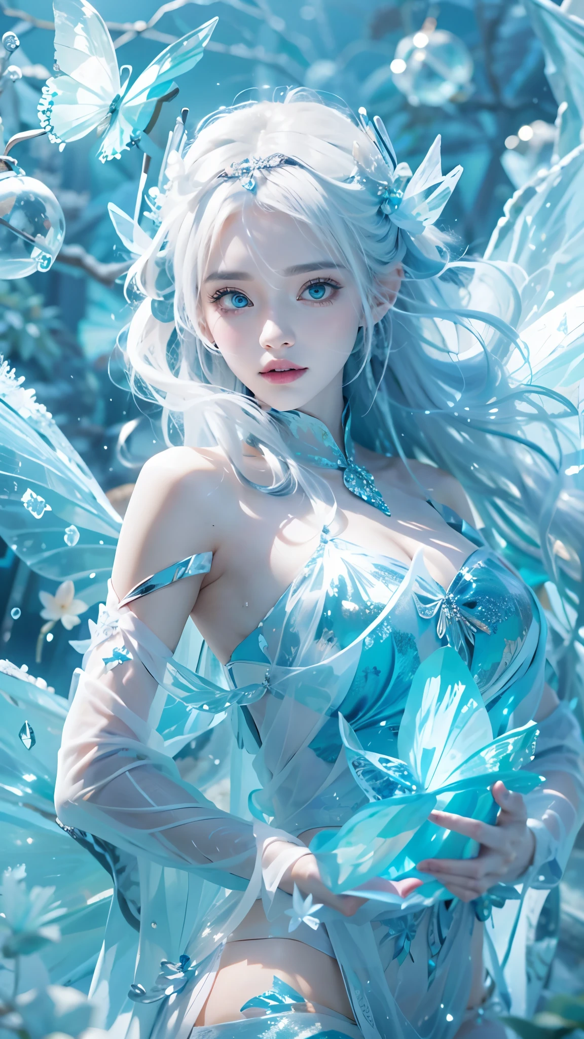 Frost Goddess,Frozen fluid,Ice World,ice,1girl,Translucent clothing,air bubble,blue butterfly,blue eyes,blue nails,breasts,Positive, character on the right, upper body, above knee level,Dynamic pose,bubble,Blue butterfly wings,butterfly wings,crystal,dress,glowing butterfly,long hair,looking at viewer,medium breasts,parted lips,solo,water