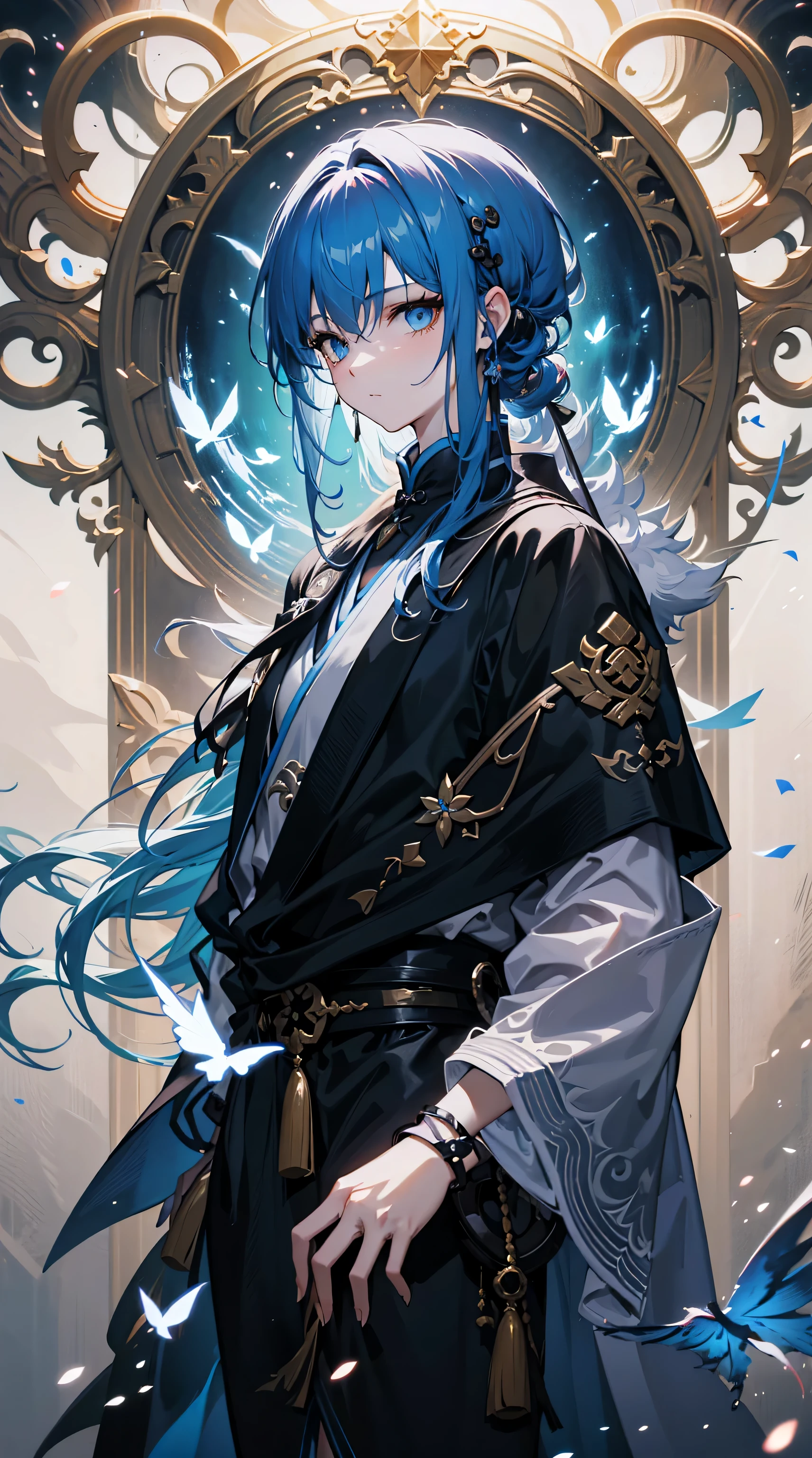 wearing black robe、Anime style image of a woman with blue hair, beautiful androgynous prince, author:Yang Jie, Handsome guy in the art of slaying demons, guweiz style artwork, Exquisite androgynous prince, guweiz on pixiv artstation, 《Genshin》Keqing, guweiz on artstation pixiv
