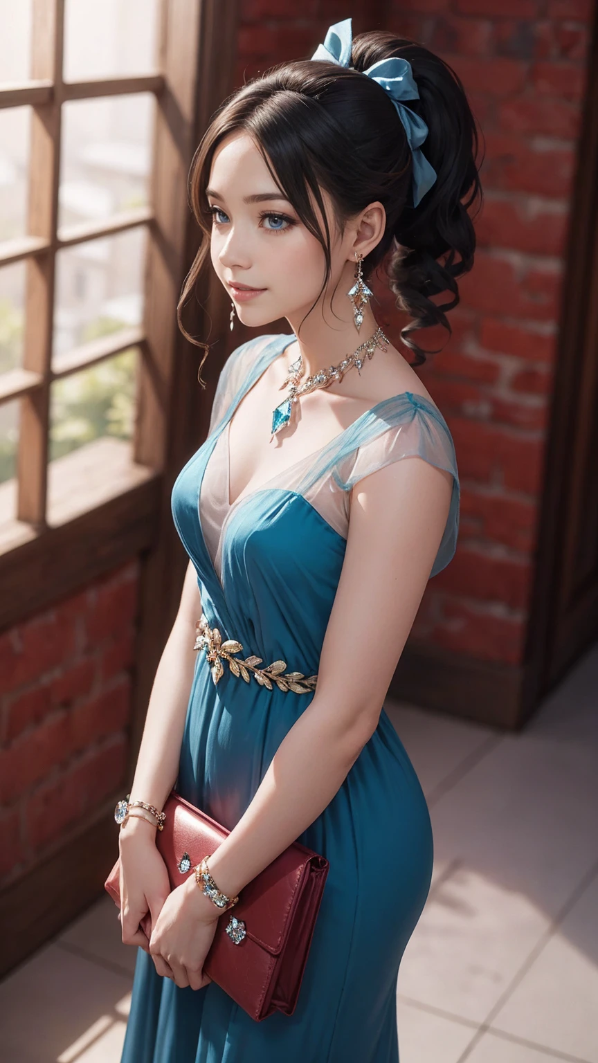 Arafeka in a blue dress with a golden belt and necklace, 3D rendering of characters 8k, trending on cgstation, Chengwei Pan on ArtStation, inspired by Lan Ying, 8K Artgerm Bokeh, High quality detailed 8K graphics, deviantart artstation cgscosiety, cgsociety 8k, cgsociety 8k