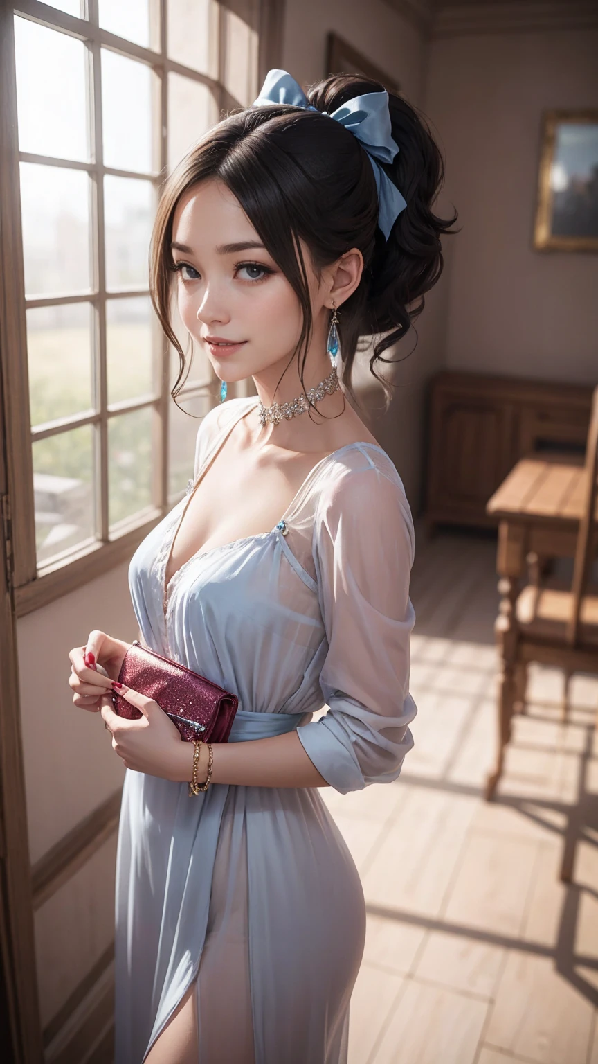 最high quality, 8K, masterpiece: 1.3, Ultra HD, high quality, 最high quality, High resolution, realism)) 、slender、slenderだがアスリートのような細マッチョ、I don't want my head to disappear from the screen.、Wear accessories on your wrist、Wearing red nail polish、I have a peticure、aerial perspective((atmospheric perspective))、smile((smiley))、background blur((depth of field)、Wear a see-through dress、Wear stiletto heels、have a clutch bag、crystal earrings((crystal earrings))、Hair behind ears((hair behind ear))、white woman、brunette、blue eyes、hair band((hair ribbon))、chest pocket、front ponytail((front ponytail))