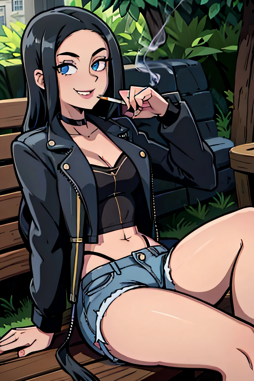 (Cartoon style), (bestquality), depth of field, (dynamic angle), (blue eyes), 1girl, goth girl:1.2, teen, 18 years old, long black hair, hair in one long braid down to her butt, narrow waist, smile:1.3, navel, medium bust, sitting on a bench, Smoking a cigarette:1.4, cigarette in Hand, Choker, tomboy, top and shorts, Jacket, mischievous smile:1.3, navel, daylight, Park, noon,