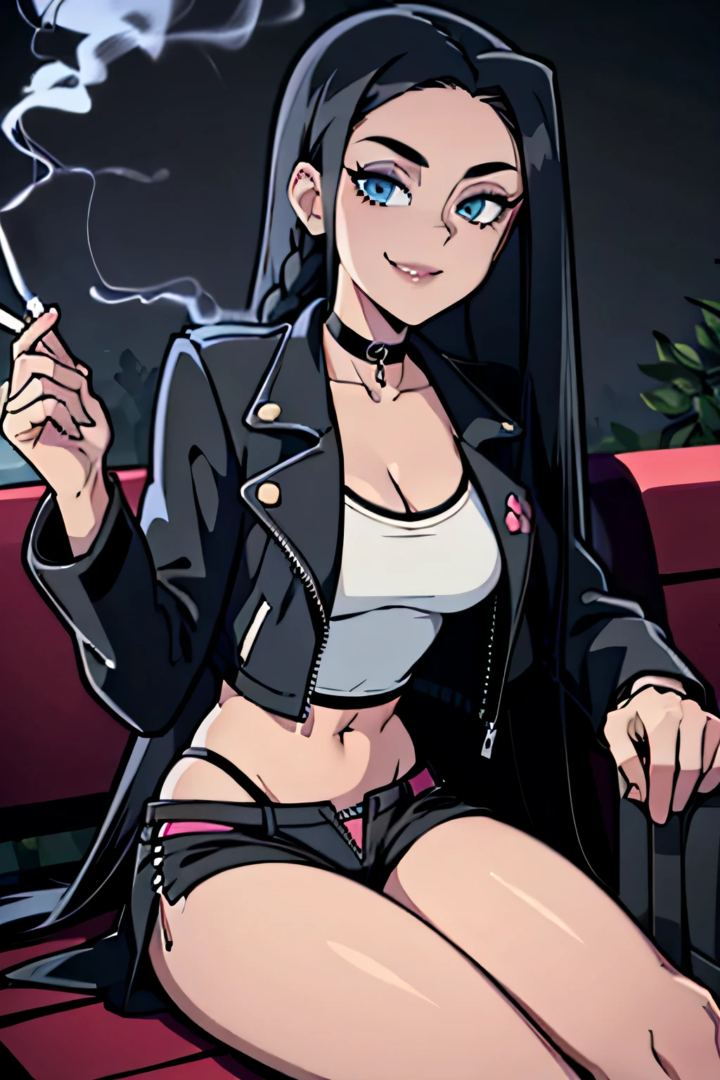 (Cartoon style), (bestquality), depth of field, (dynamic angle), (blue eyes), 1girl, goth girl:1.2, teen, 18 years old, long black hair, hair in one long braid down to her butt, narrow waist, smile:1.3, navel, medium bust, sitting on a bench, Smoking a cigarette:1.4, cigarette in Hand, Choker, tomboy, top and shorts, Jacket, mischievous smile:1.3, navel, daylight, Park, noon,