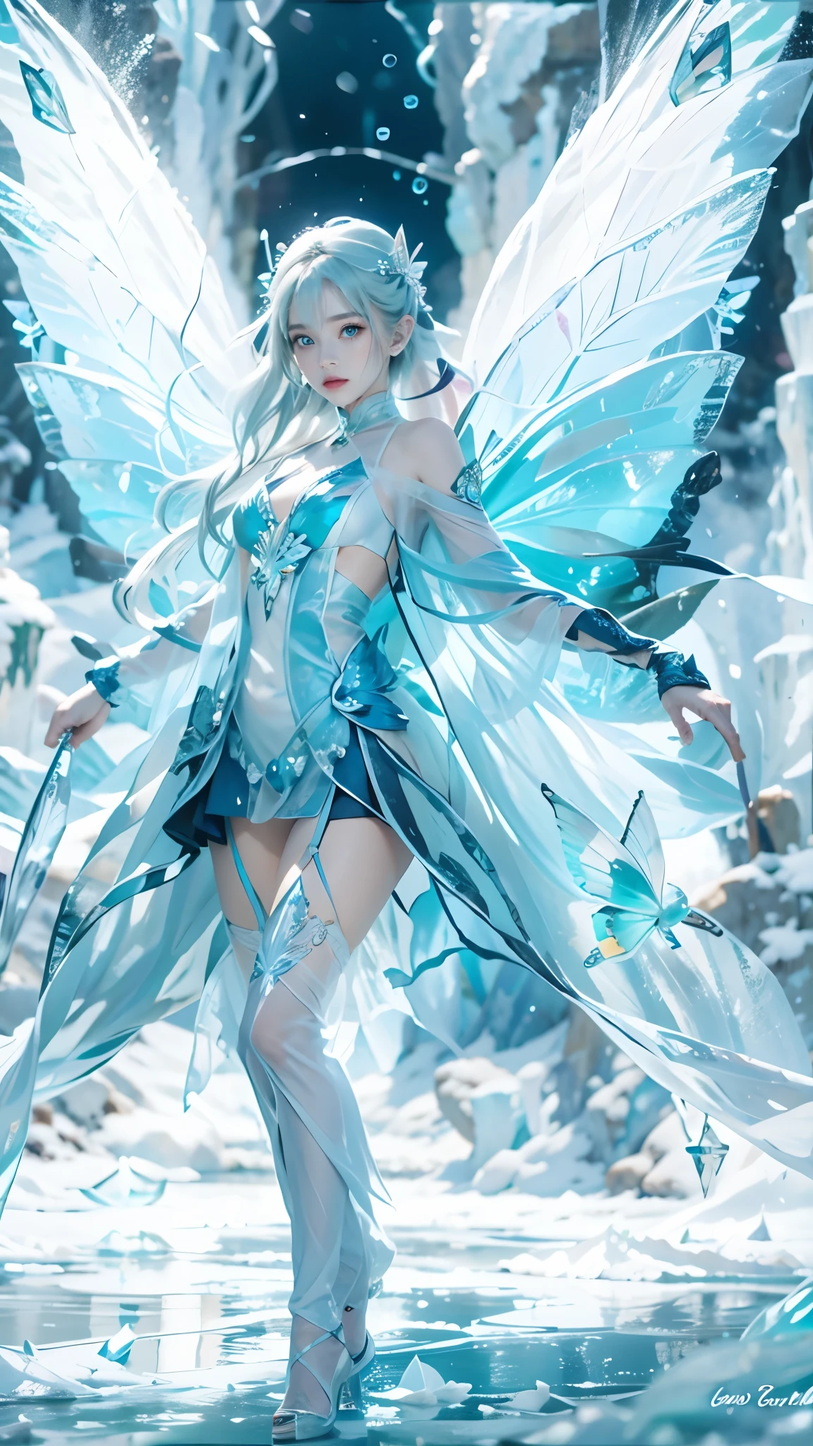 Frost Goddess,Frozen fluid,Ice World,ice,1girl,Translucent clothing,air bubble,blue butterfly,blue eyes,blue nails,breasts,Positive, character on the right, upper body, above knee level,Dynamic pose,bubble,Blue butterfly wings,butterfly wings,crystal,dress,glowing butterfly,long hair,looking at viewer,medium breasts,parted lips,solo,water