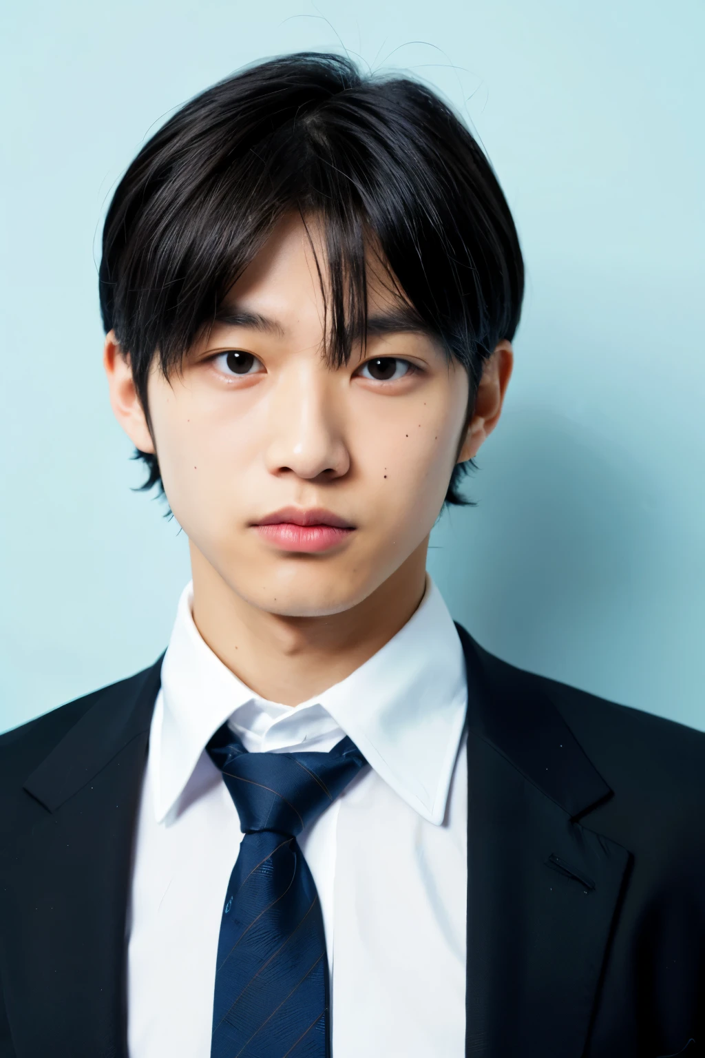 male, suit, ID photo, black jacket, white shirt, blue tie, perfect face, cyan background