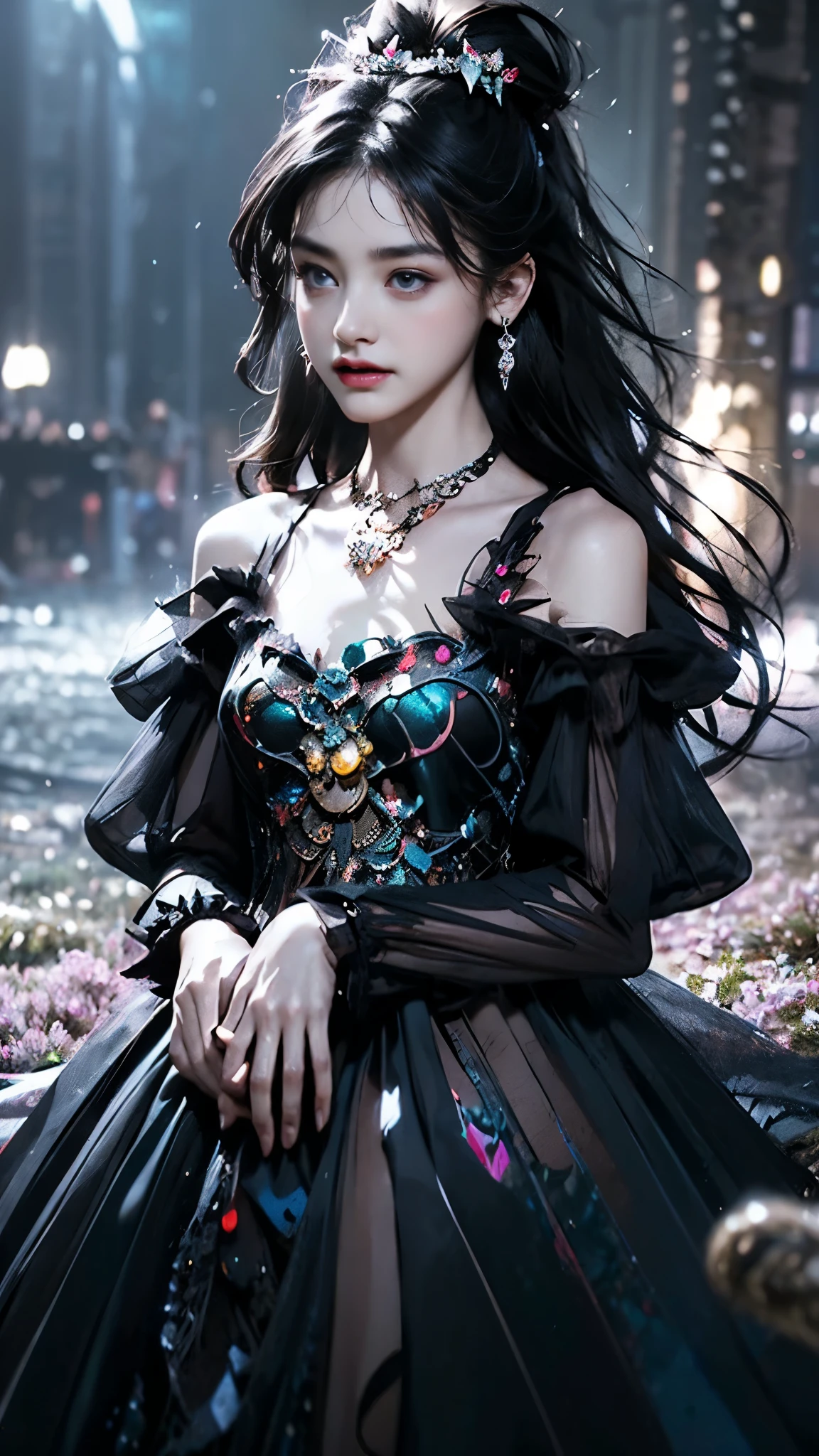 8K, ultra hd, masterpiece, 1 girl, (angry face:1.4), detailed eyes, very long hair, impressive hairstyle, earings, necklace, small breasts, (black dress:1.5), (fantasy dress:1.5) Light-colored foundation brings out the transparency of the skin, (in the wonderland:1.5), mystery, diwali lights, glowing lights, very decoration, The lights falls like water, perfect body, sitting,