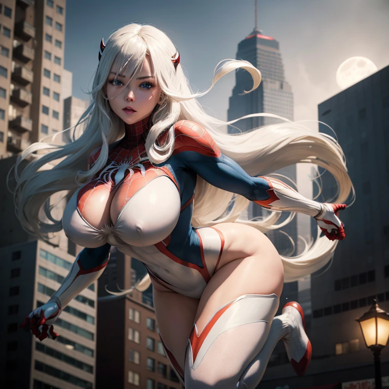 (masterpiece, 4K resolution, Super realistic, very detailed), (White Superhero Theme, charismatic, There&#39;s a girl on the street, wearing spiderman costume, she is a superhero), [ ((25 years), (long white hair:1.2), full body, (blue eyes:1.2), ((Spider-Man pose),show of strength, jump from one building to another), ((Sandy urban environment):0.8)| (cityscape, At night, dynamic light), (full moon))] # explanation: プロンプトでは主に超高解像度の4K絵画についてexplanationします, very realistic, very detailed. It depicts a superheroine at the top of the city., wearing spiderman costume. 絵のテーマはWhite Superhero Themeです, the female protagonist has long white hair, is 25 years old and her entire body is shown in the painting. In terms of depicting the activities of a superheroine,, spider is hired、camel toe、huge tit、Nipple Puffs、cleavage、Plump、Super big breasts、super big butt