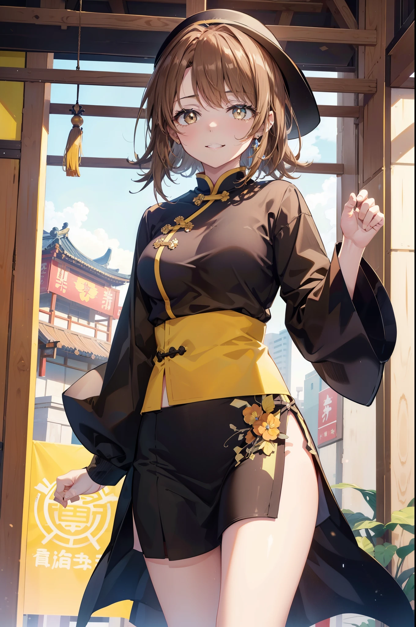 irohaisshiki, iroha isshiki, long hair,brown hair,, (brown eyes:1.5), happy smile, smile, open your mouth,No sleeve,yellow cheongsam clothes,Yellow long slit,Fishnet tights,stiletto heels,whole bodyがイラストに入るように,
break indoors, Chinese Restaurant,
break looking at viewer,whole body,(cowboy shot:1.5),
break (masterpiece:1.2), highest quality, High resolution, unity 8k wallpaper, (shape:0.8), (fine and beautiful eyes:1.6), highly detailed face, perfect lighting, Very detailed CG, (perfect hands, perfect anatomy),