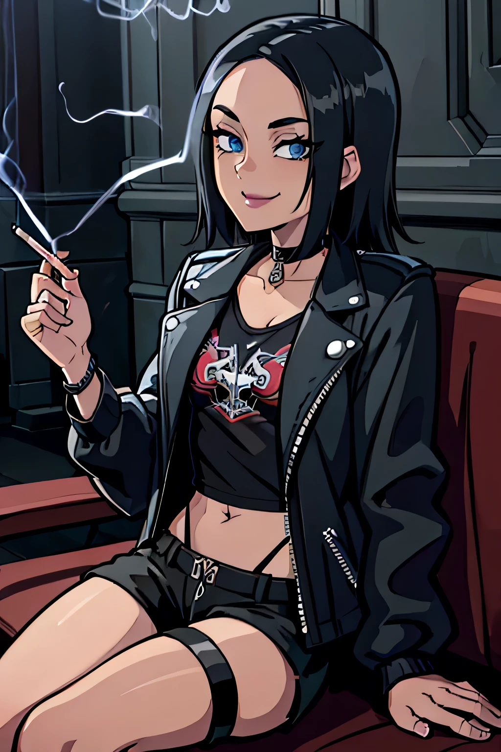 ((masterpiece)), (bestquality), ((ultra-detailed)), ((cinematic lighting)), depth of field, (dynamic angle),detailed lighting, (beautiful detailed blue eyes), 1girl, Punk Girl:1.4, goth girl:1.4, short black hair, sitting on a bench, Smoking a cigarette:1.4, cigarette in Hand, tanned skin, Choker, tomboy, top and shorts, Jacket, mischievous smile:1.3, navel, small bust,