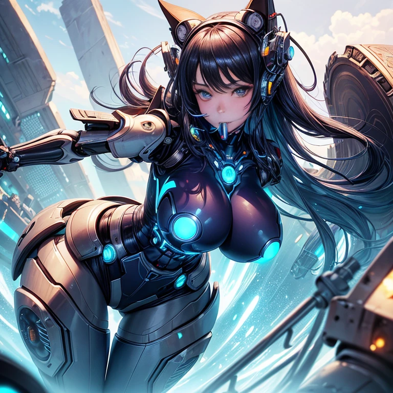 NSFW, highest quality, masterpiece, ultra high resolution、(anime style:1.4), Raw photo, Acrylic clear cover, (porcelain body, random hairstyle, colorful hair, glowing skin, cyborg girl, robot girl, big , Futuristic giant mechanical mask that covers the mouth, big machine wings, futuristic cat ears, futuristic robot paste, robot body, robot arm, robot legs, sensual, Plump, Chubby:1.4), thick thighs, big ass, 17 year old ultimate beautiful girl, Very beautiful young girl, very beautiful face, well-proportioned face, Portrait, global illumination, Shadow, octane rendering, 8K, super sharp, character edge light, Raw skin exposed in cleavage, intricate decorative details, Sumerian details, hydraulic cylinder, small led lamp, very intricate details, realistic light, Eyes are shining, beautiful eyes, 彼女の目はbigです, shining eyes, towards the camera, neon details, (cowboy shot, whole body, futuristic headgear, random pose, close up body, looking at the viewer, city:1.2)、camel toe、huge tit、Nipple Puffs、cleavage、Plump、Super big breasts、super big butt、deformation