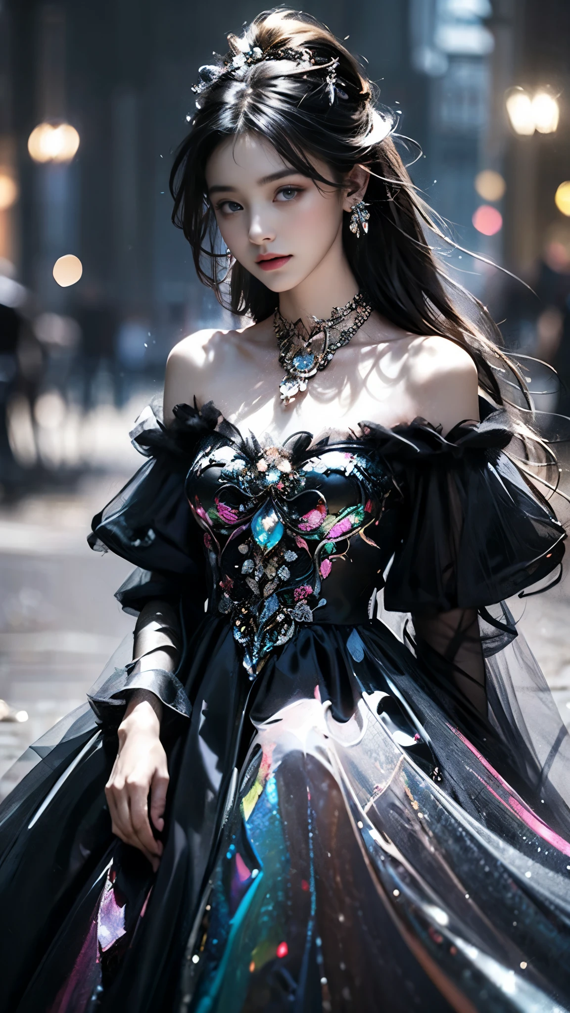 8K, ultra hd, masterpiece, 1 girl, (ibeautiful face:1.4), detailed eyes, very long hair, impressive hairstyle, earings, necklace, small breasts, (black dress:1.5), (fantasy dress:1.5) Light-colored foundation brings out the transparency of the skin, (in the wonderland:1.5), mystery, diwali lights, glowing lights, very decoration, The lights falls like water, perfect body, sitting,