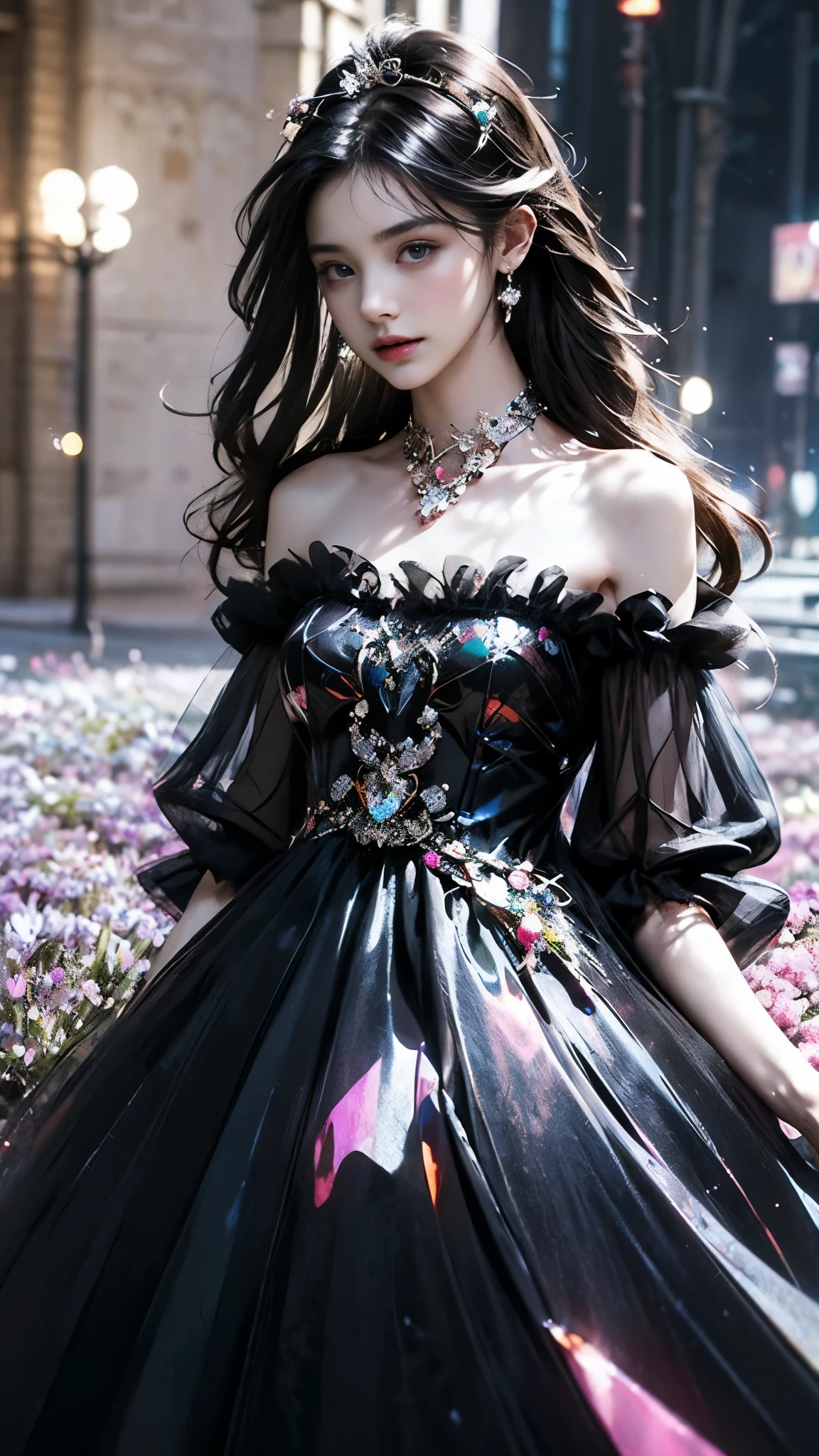 8K, ultra hd, masterpiece, 1 girl, (ibeautiful face:1.4), detailed eyes, very long hair, impressive hairstyle, earings, necklace, small breasts, (black dress:1.5), (fantasy dress:1.5) Light-colored foundation brings out the transparency of the skin, (in the wonderland:1.5), mystery, diwali lights, glowing lights, very decoration, The lights falls like water, perfect body, sitting,