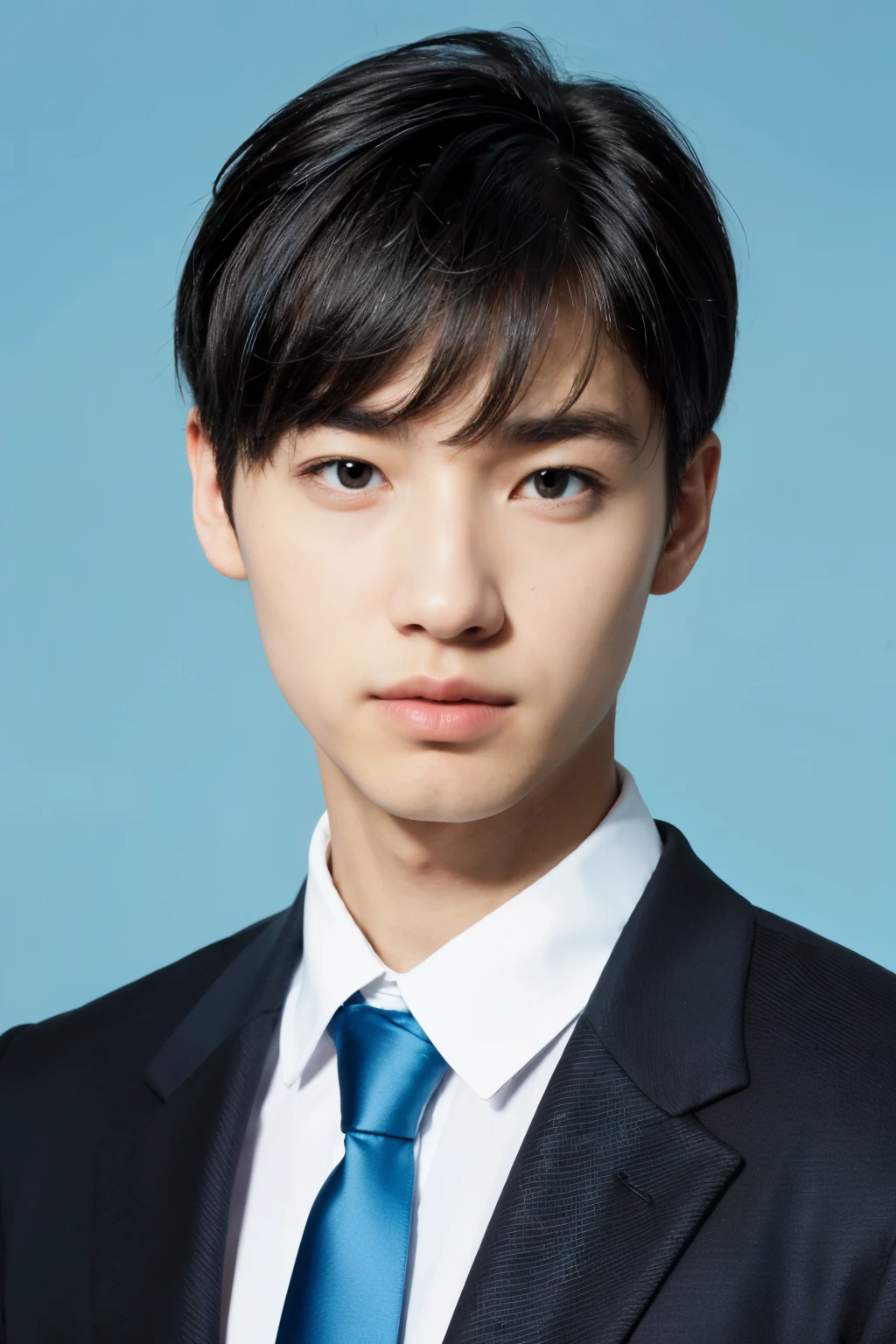 male, suit, ID photo, black jacket,white shirt,blue tie, perfect face, cyan background