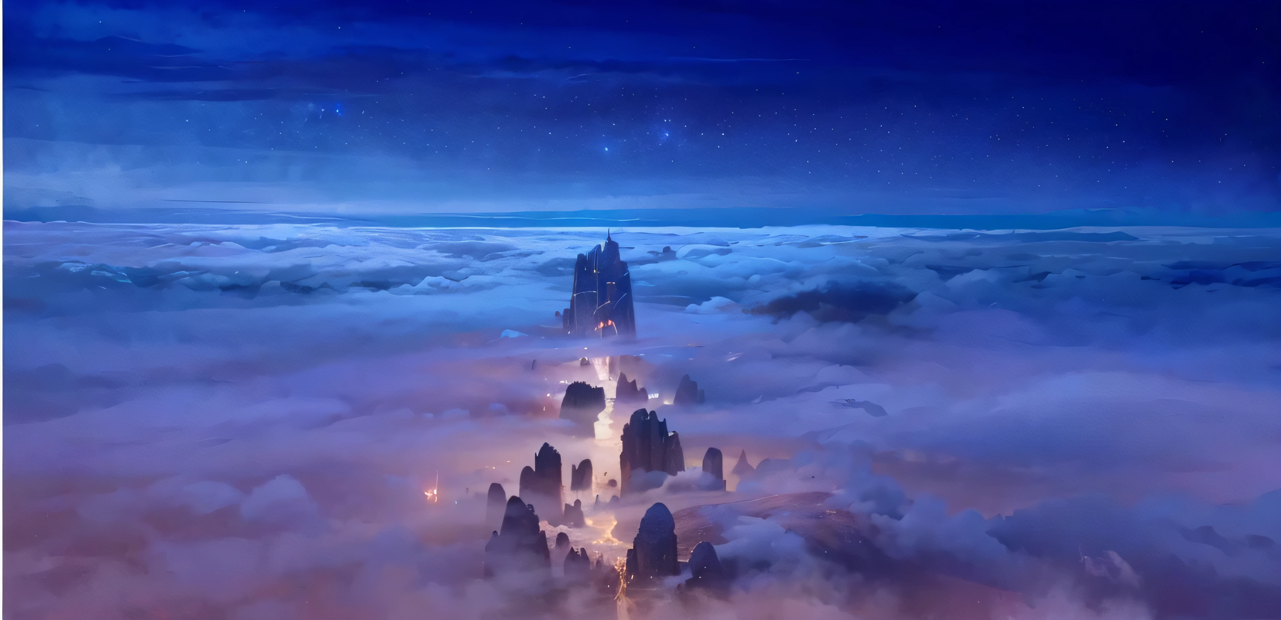 there are many people walking in the clouds at night, jessica rossier fantasy art, inspired by jessica rossier, epic dreamlike fantasy landscape, matte painting arcane dota pixar, by jessica rossier, impressive fantasy landscape, matte painting of steam machines, atmospheric fantasy sky, jessica rossier color scheme, paul lehr and beeple, epic fantasy landscape