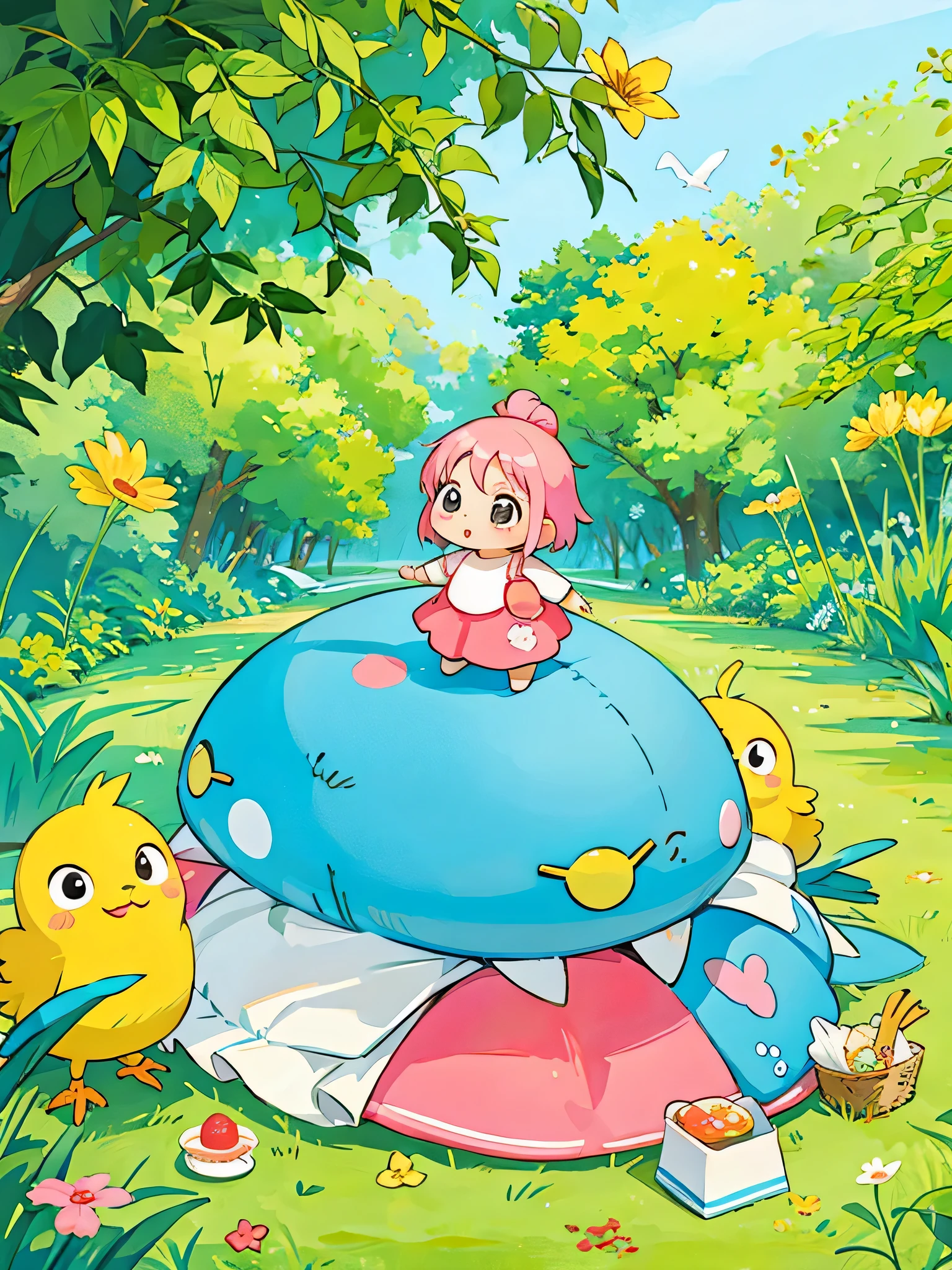 Fujio Akatsuka Style, Kawaii Design, most beautiful girl ever、Chibi, birdie、picnic